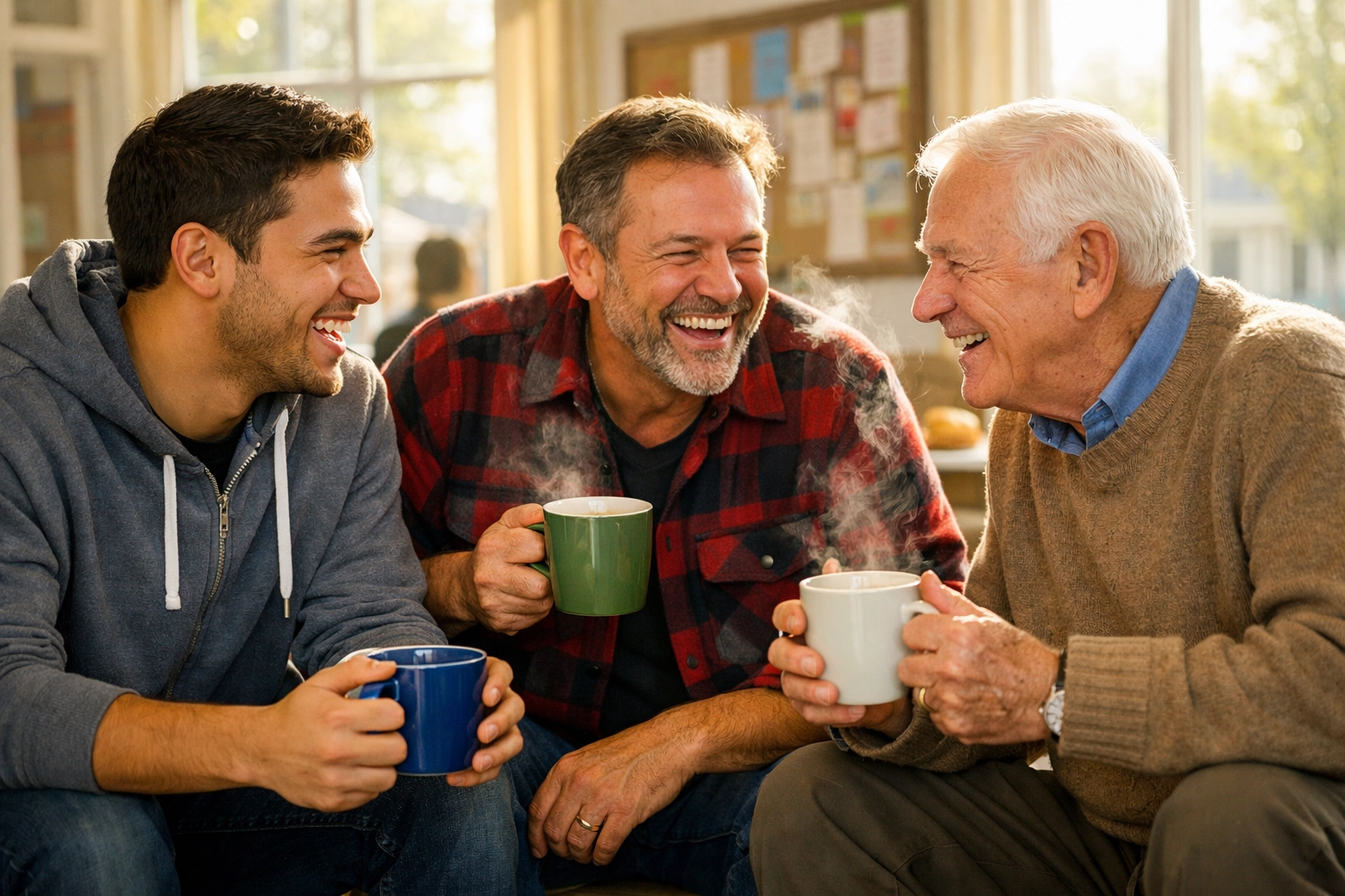 Diverse group of men sharing coffee and conversation in a welcoming parish hall, reflecting authentic brotherhood.