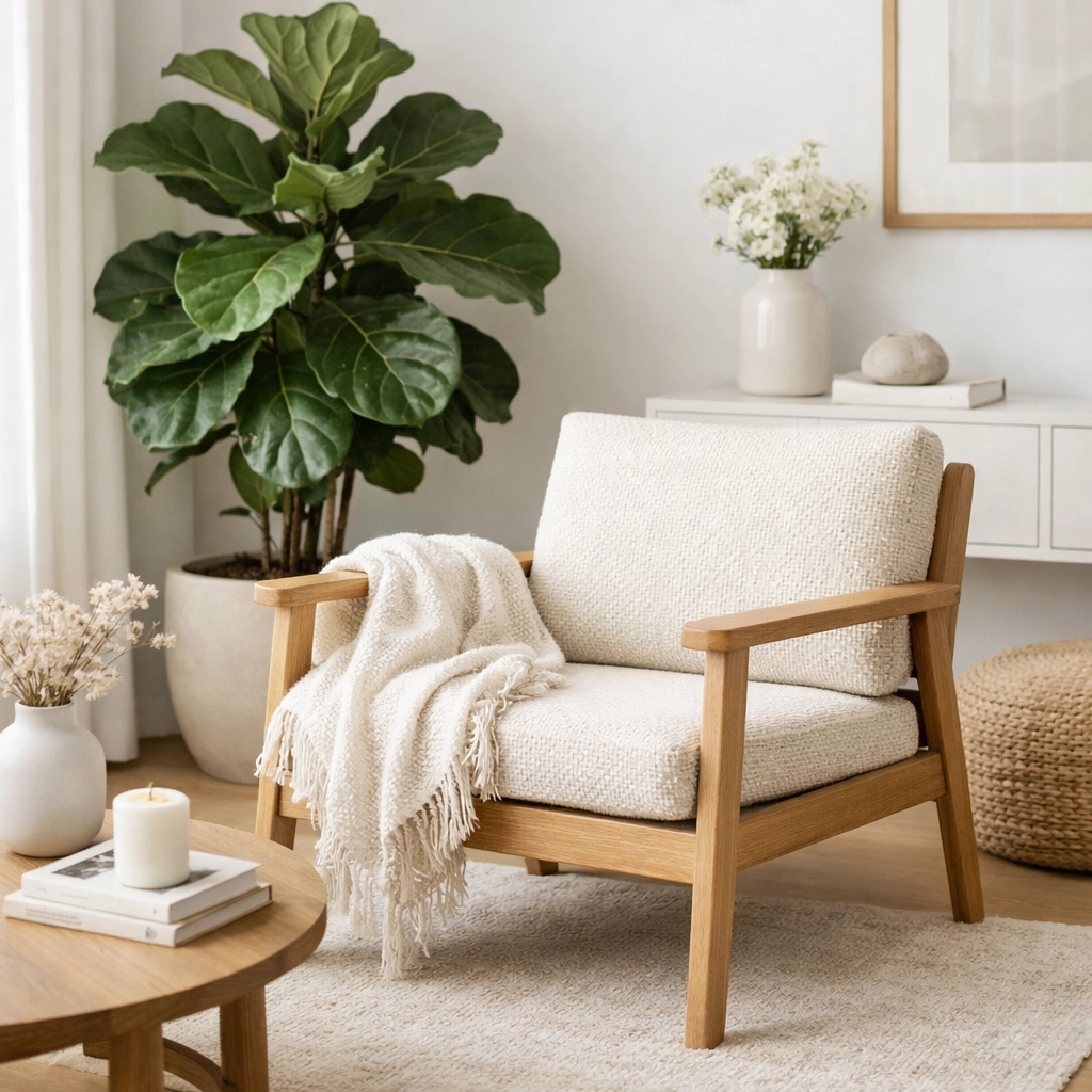 Professionally styled living room corner with a sleek oak accent chair and decorative indoor plant.