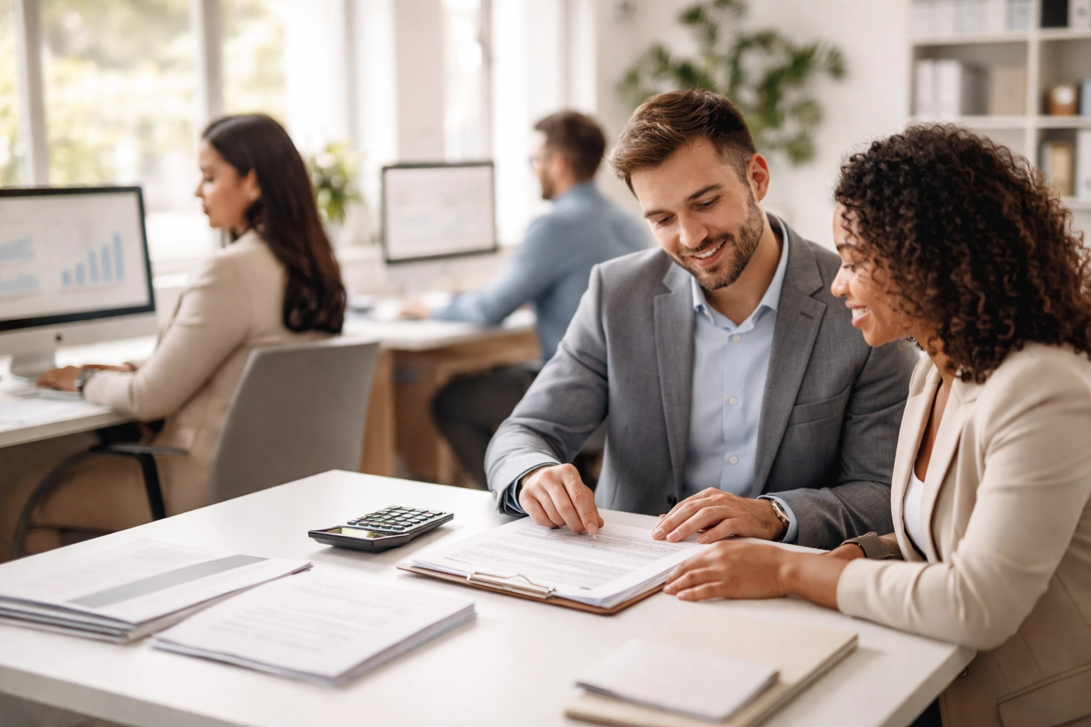 Diverse tax professionals collaborate in a bright, modern office, symbolizing expert tax preparation and support.