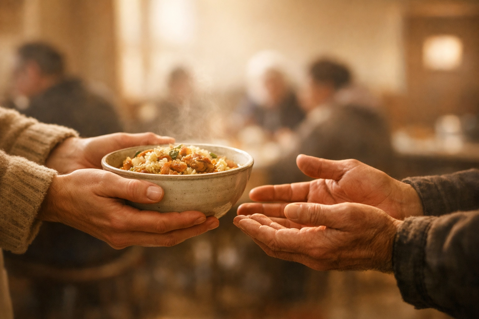 Hands offering food to someone in need, demonstrating Christian compassion