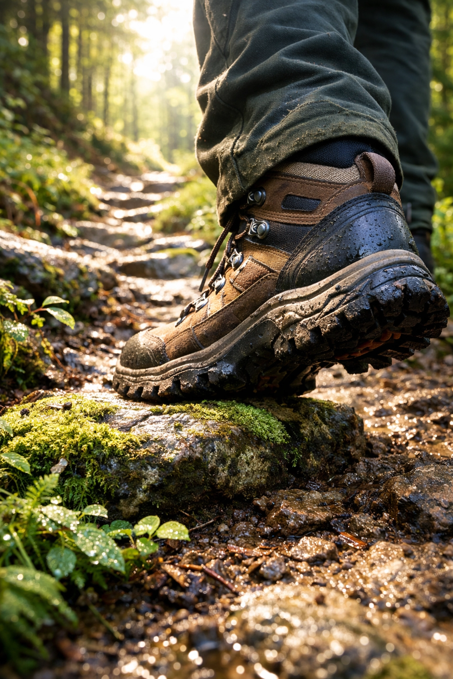 Sturdy hiking boots on a woodland trail, essential gear for guided hiking tours in the UK.