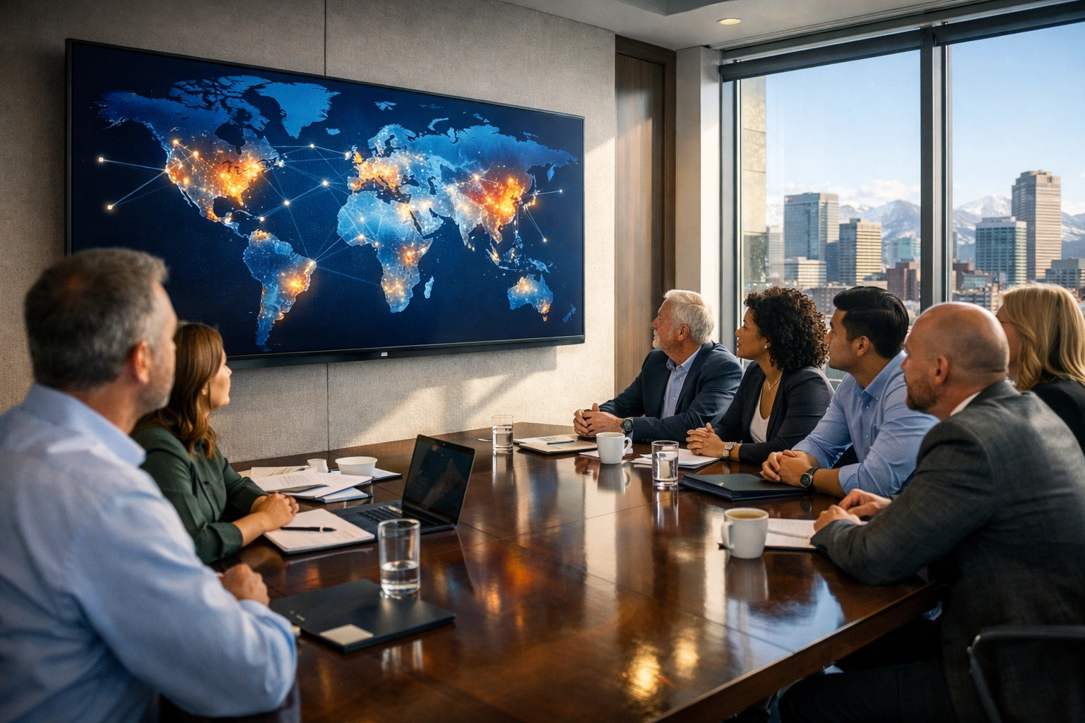 Dakdan Worldwide strategists analyzing a global data map to optimize international brand partnerships.