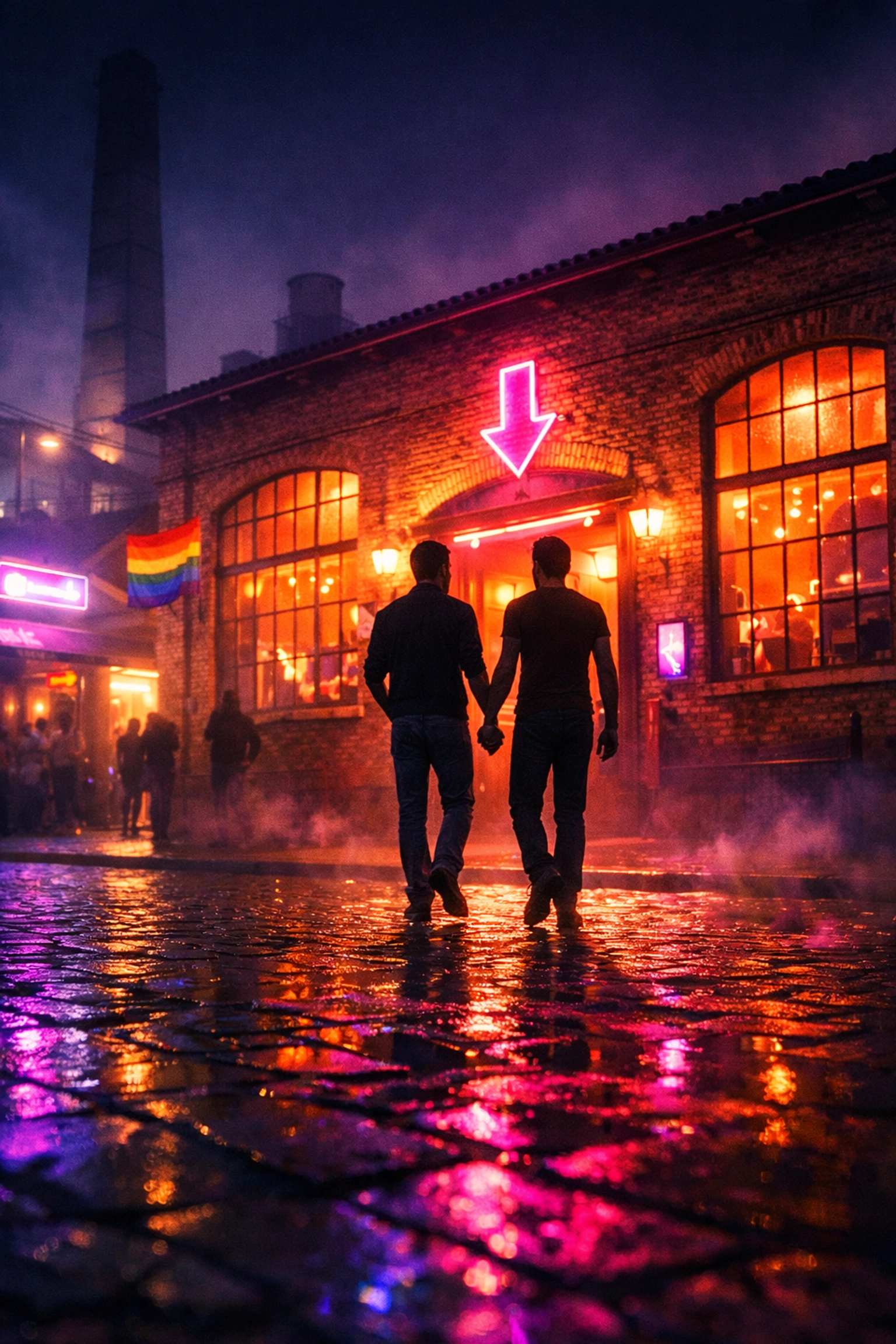 Gay couple entering Athens Gazi district club at night with neon lights