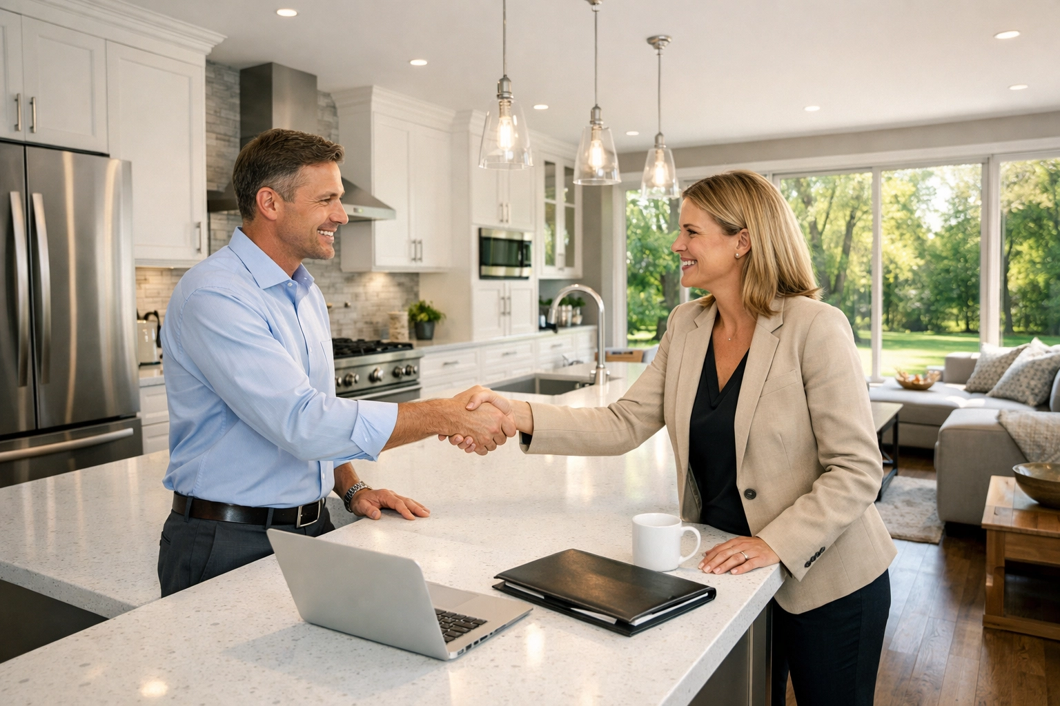 Expert real estate negotiator closing a win-win residential deal in a modern Markham home kitchen.