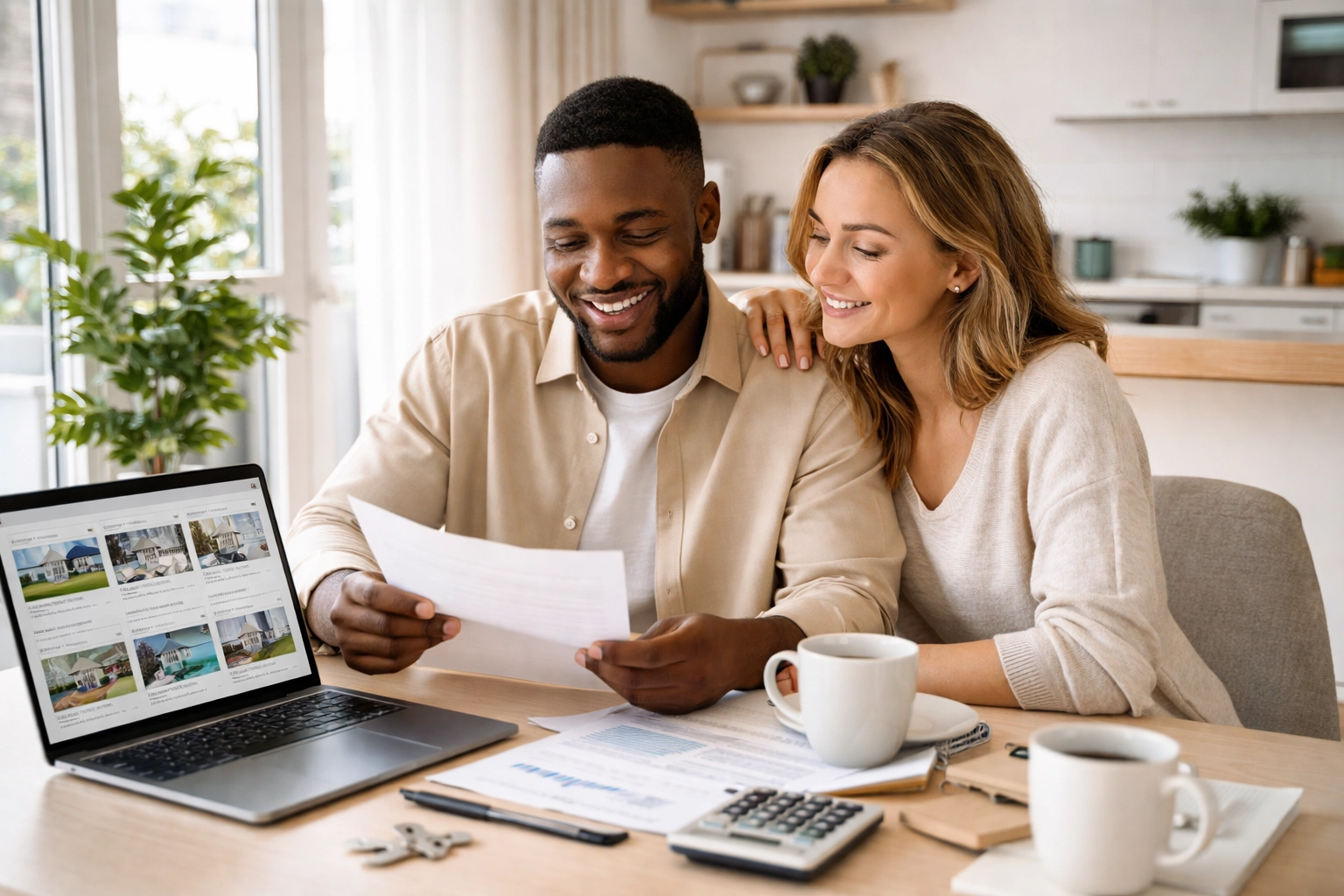 Diverse couple reviewing property documents and listings, illustrating foreign nationals preparing to buy a home in Oldham