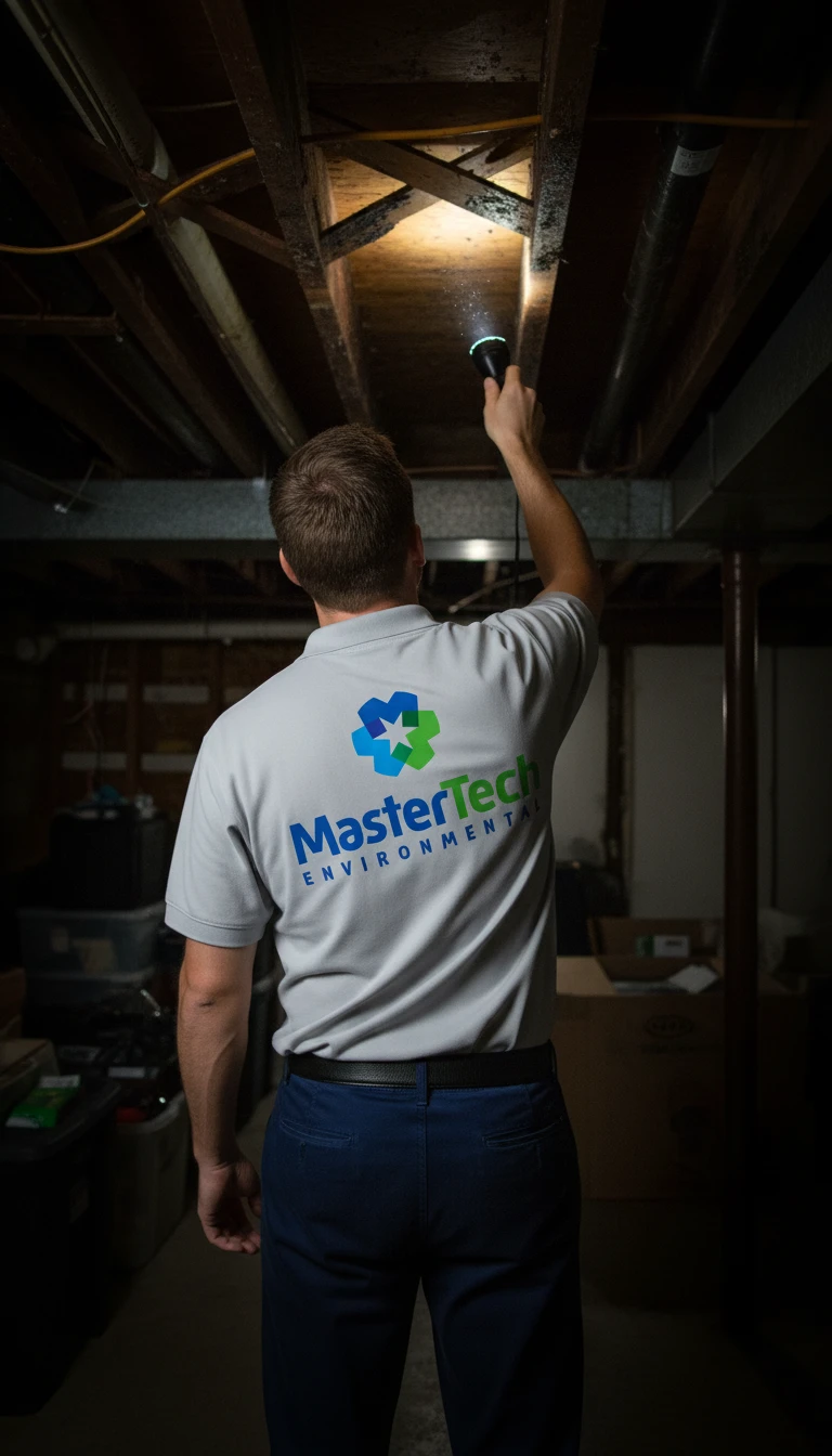 Technician inspecting basement ceiling