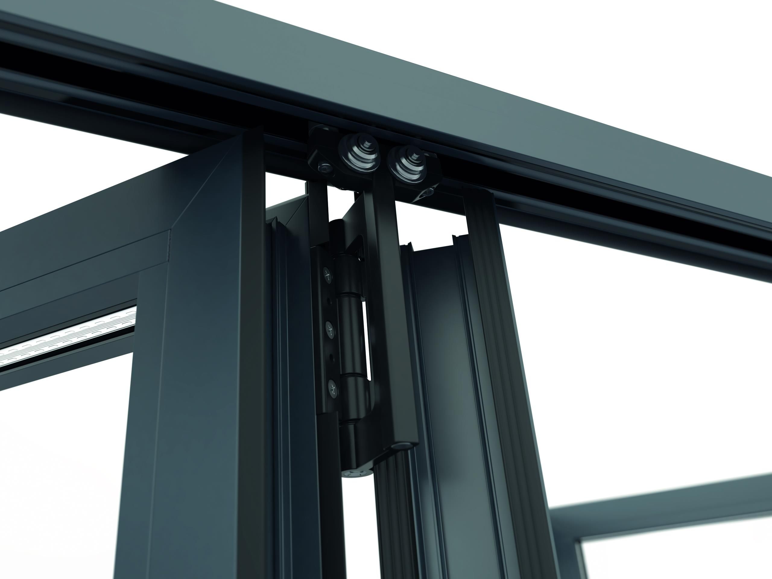 Close-up of a bifold roller and hinge mechanism