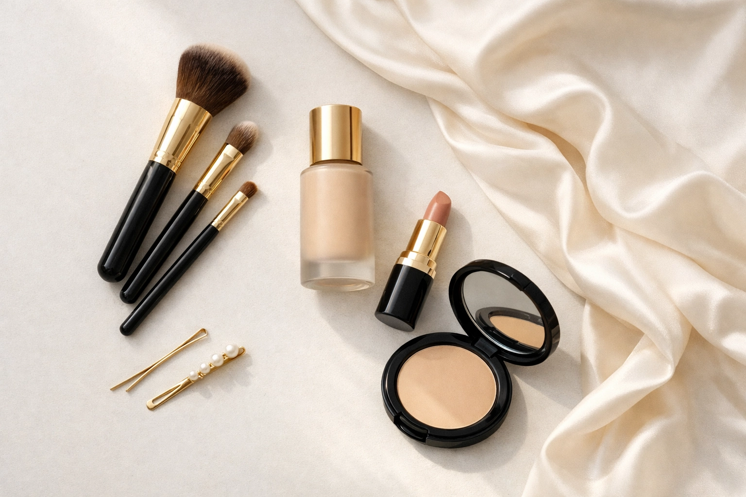 Flat lay of luxury beauty products and tools for a studio portrait session (faceless).