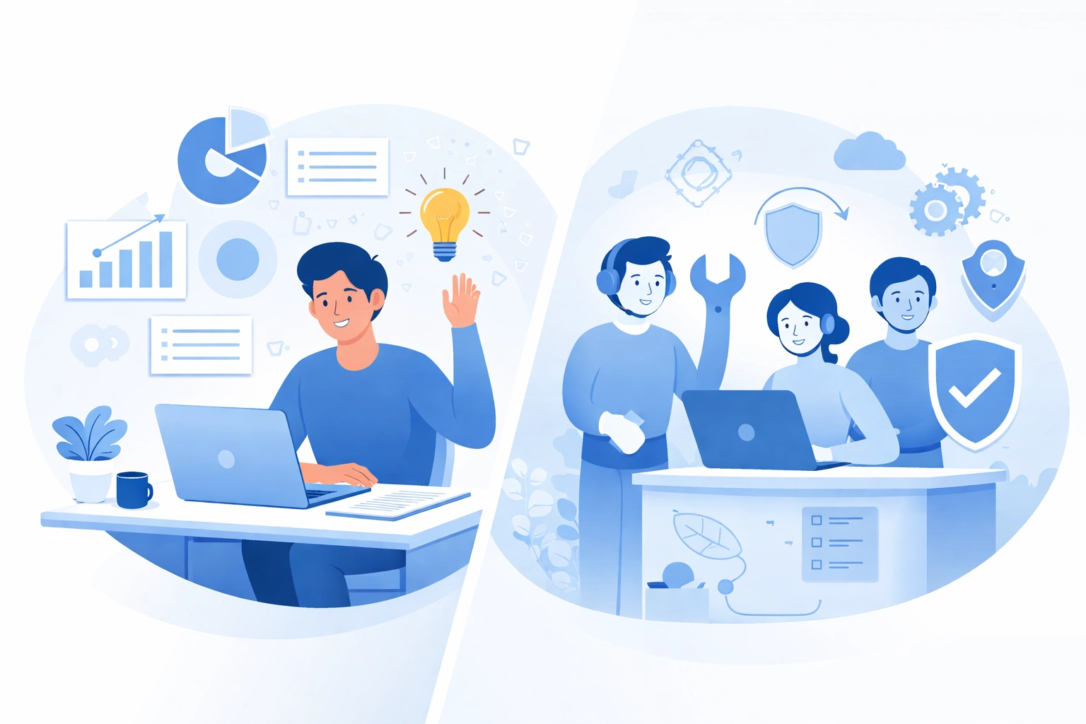 Business professional focusing on creative work while an IT support team handles technical tasks in the background