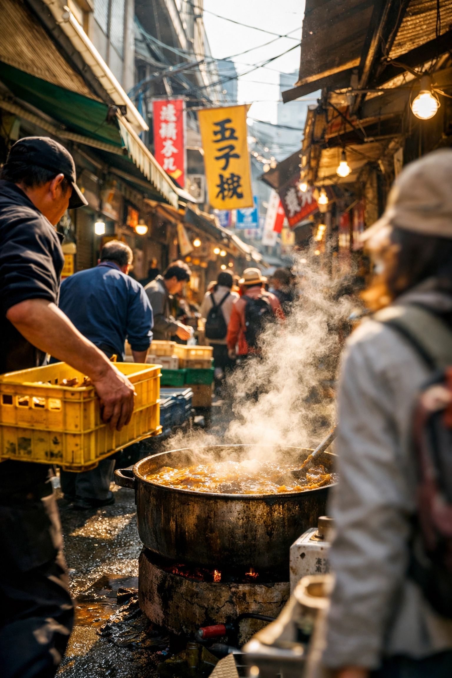 Tsukiji Outer Market Secrets Revealed: What Experts Don’t Want You to Know 4 Steam rises from fresh miso stew in a busy, narrow alley at the Tsukiji Outer Market.