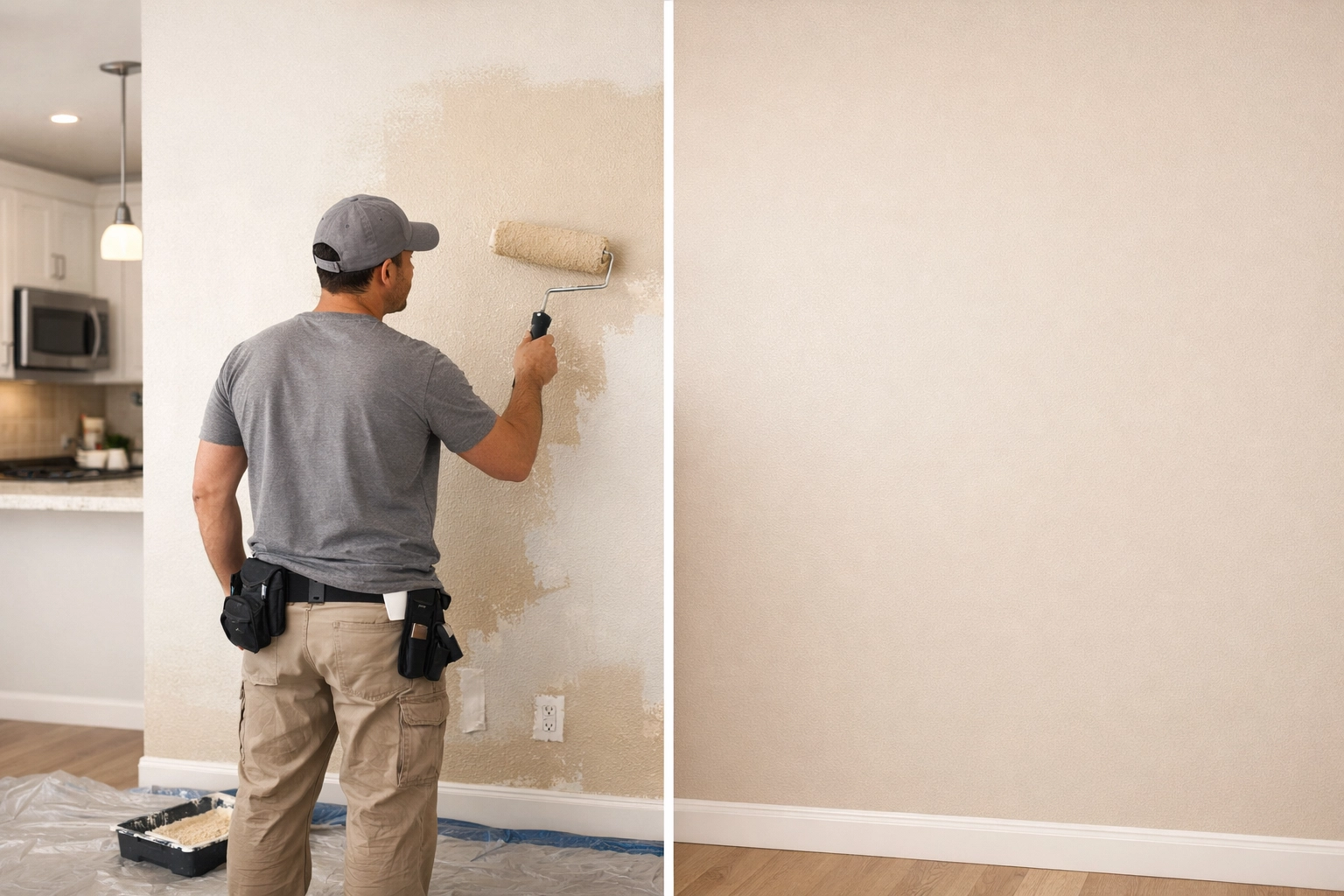 Maintenance worker painting apartment wall during turnover process