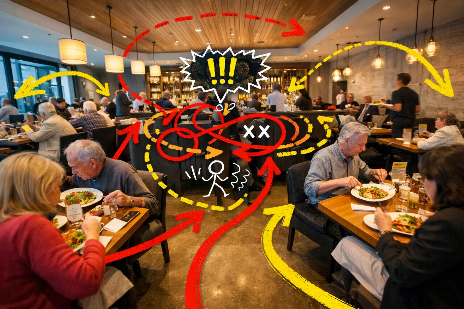 Restaurant dining room floor plan with workflow arrows showing server pathways and operational bottlenecks