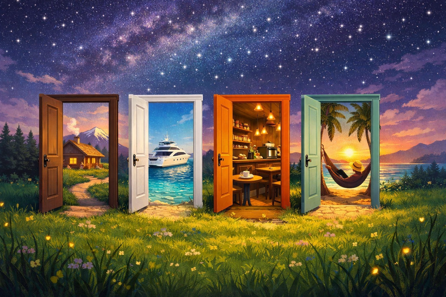 Four doors showing different lifestyles, illustrating the various paths within the FIRE movement.