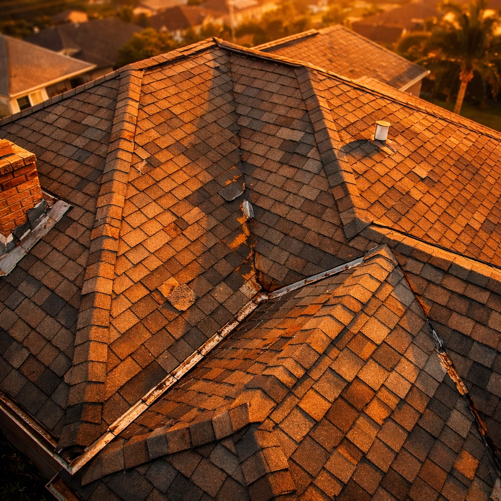 Drone inspection view of RGV residential roof showing shingle wear and areas needing repair