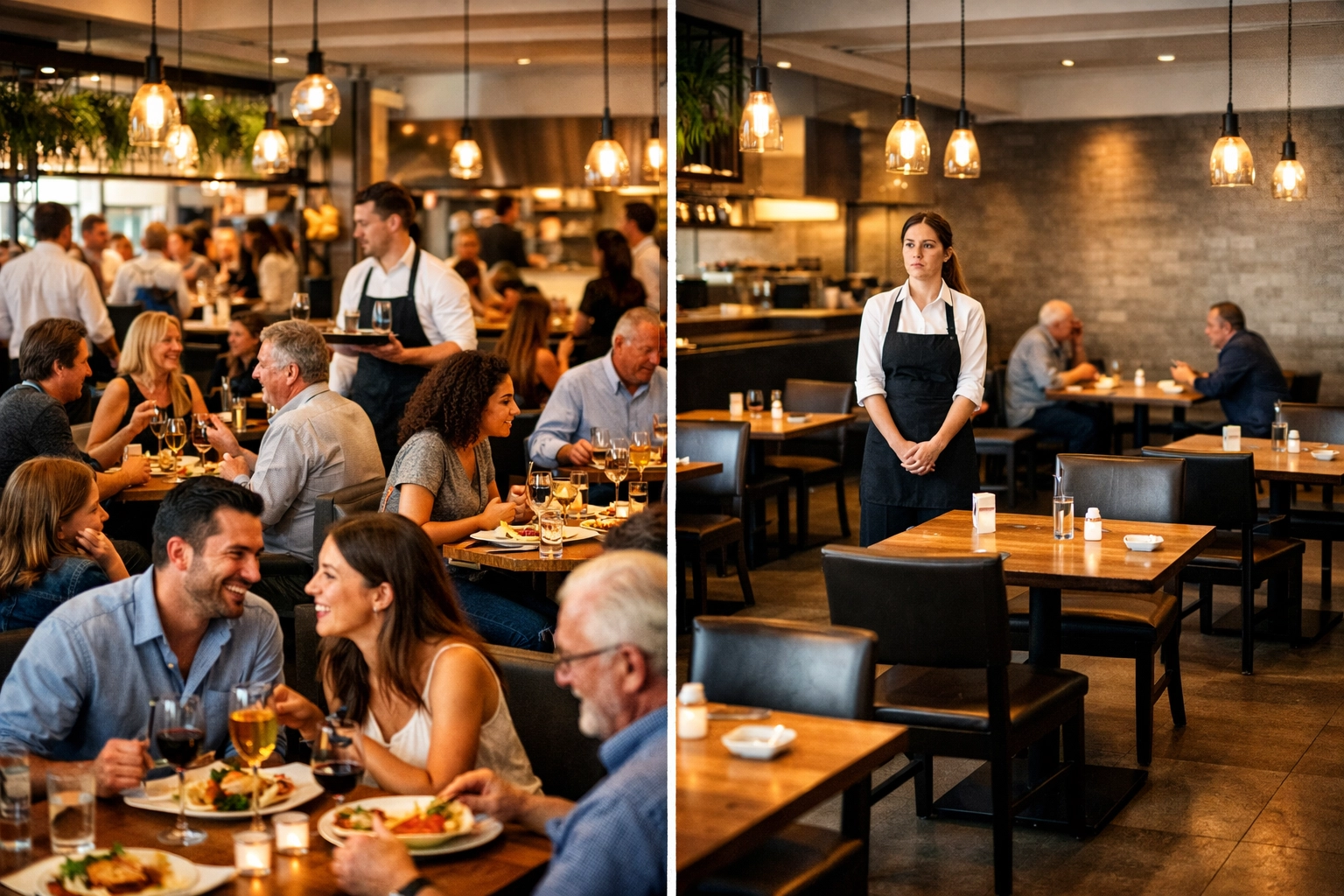 Comparison of busy restaurant versus empty dining room showing impact of price increases