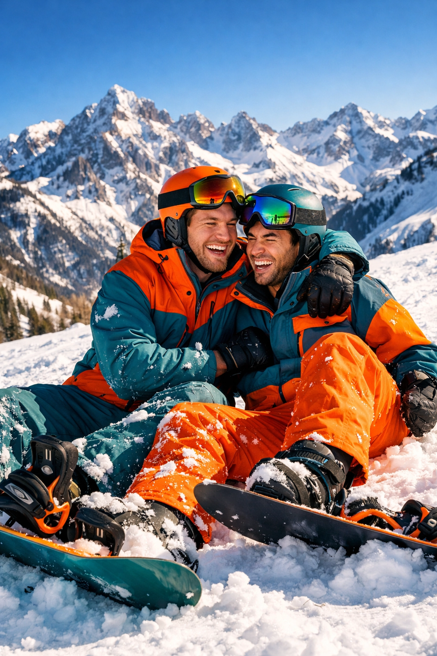 A gay couple laughing together in colorful snowboarding gear on a snowy mountain slope in Telluride.