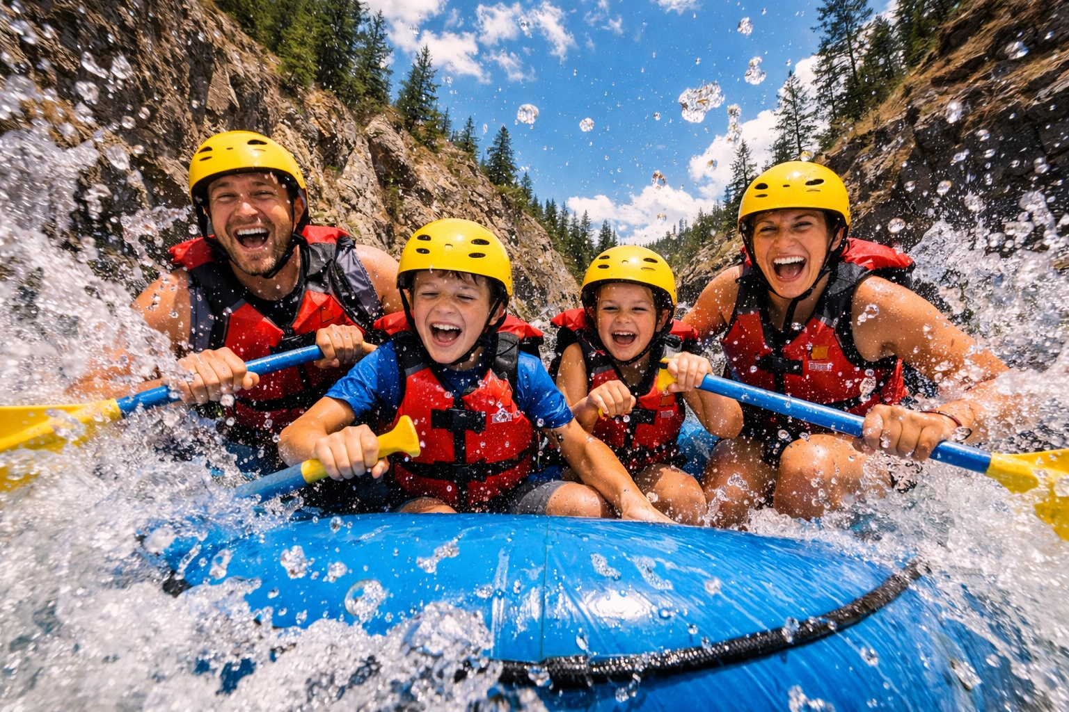 A family laughing during a whitewater rafting adventure in a river canyon under a summer sky.