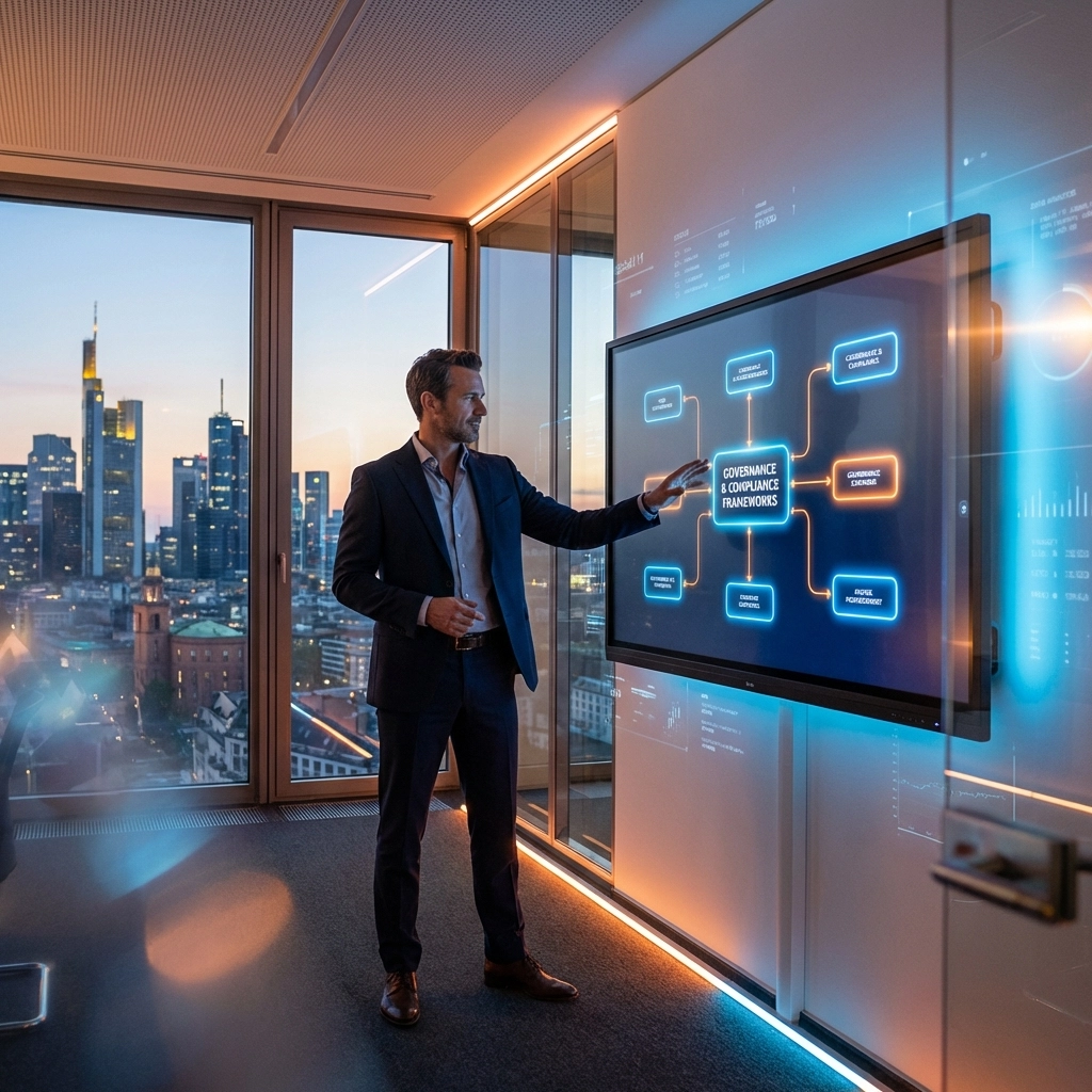 Deutsche Führungskraft erklärt am Touchscreen eine Governance-Flussgrafik zur erfolgreichen KI-Einführung und Compliance 2026.