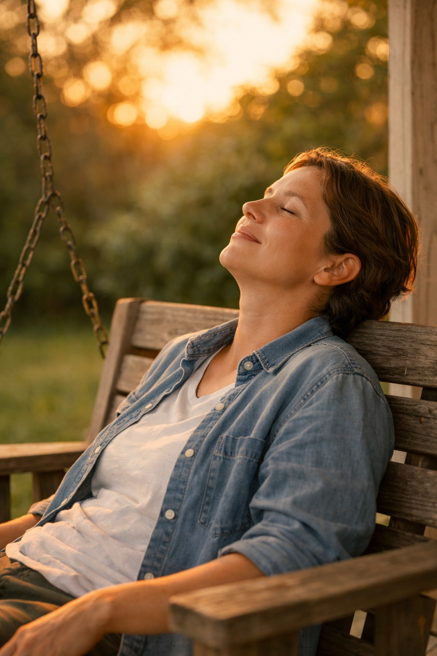 Person finding rest on a porch swing, showing faith without burnout at our non denominational church Smithville TN.