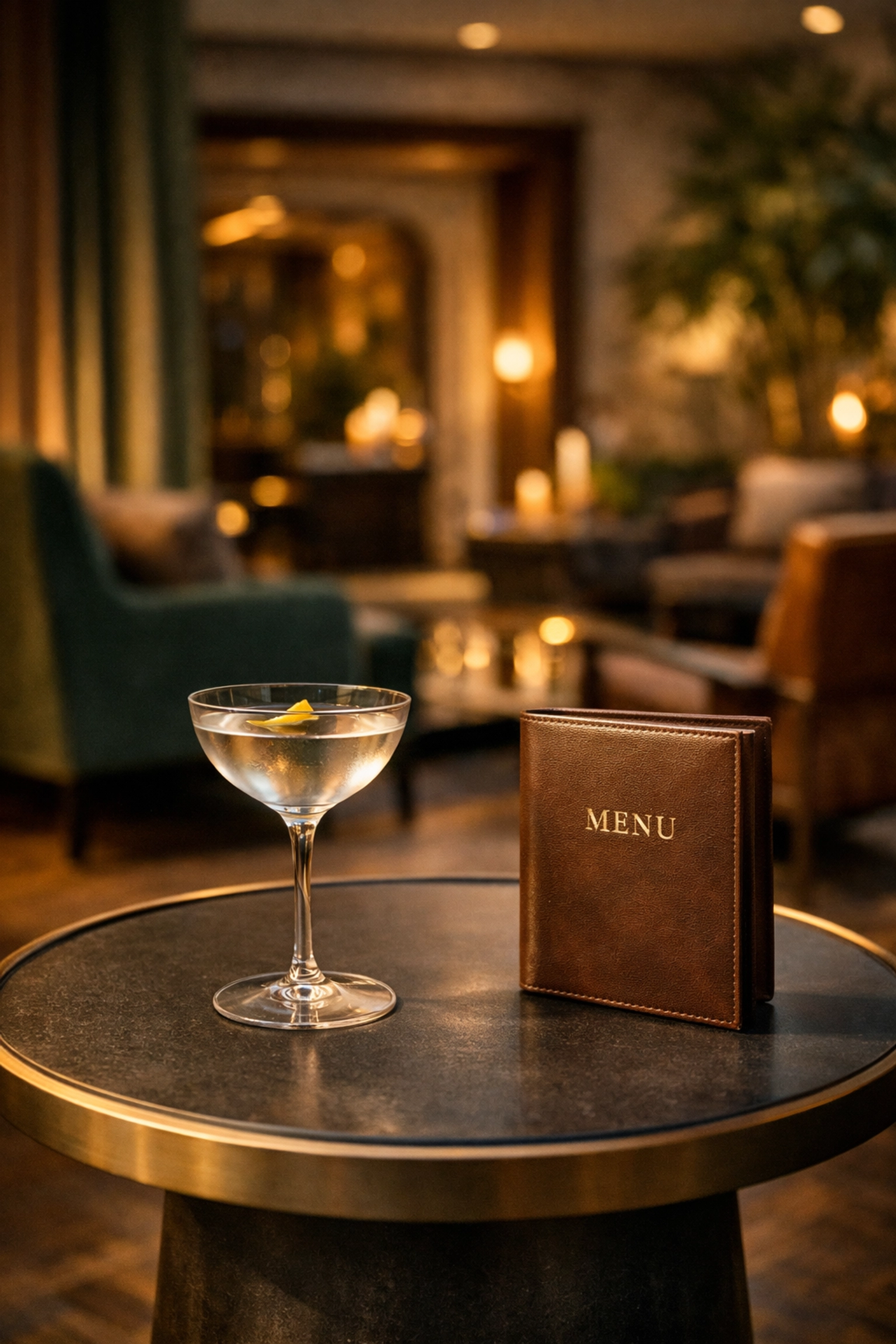 Luxury lounge and cocktail menu highlighting total revenue management and POS integration for upsells.