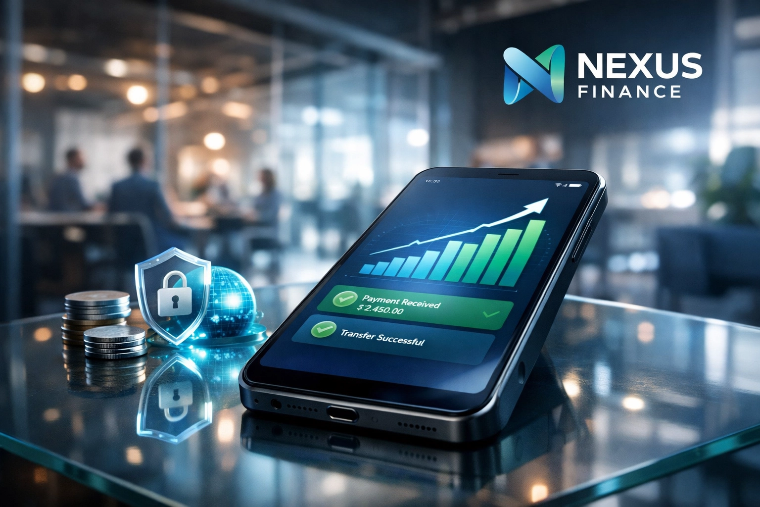 Smartphone showing a financial growth dashboard, highlighting Bizvanta360 startup financial systems and merchant services.