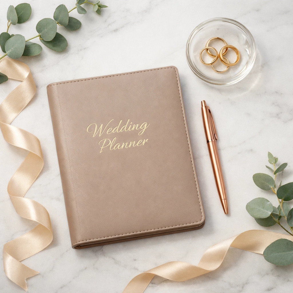 Minimalist wedding planning station with a planner and gold rings for organized budget tracking.