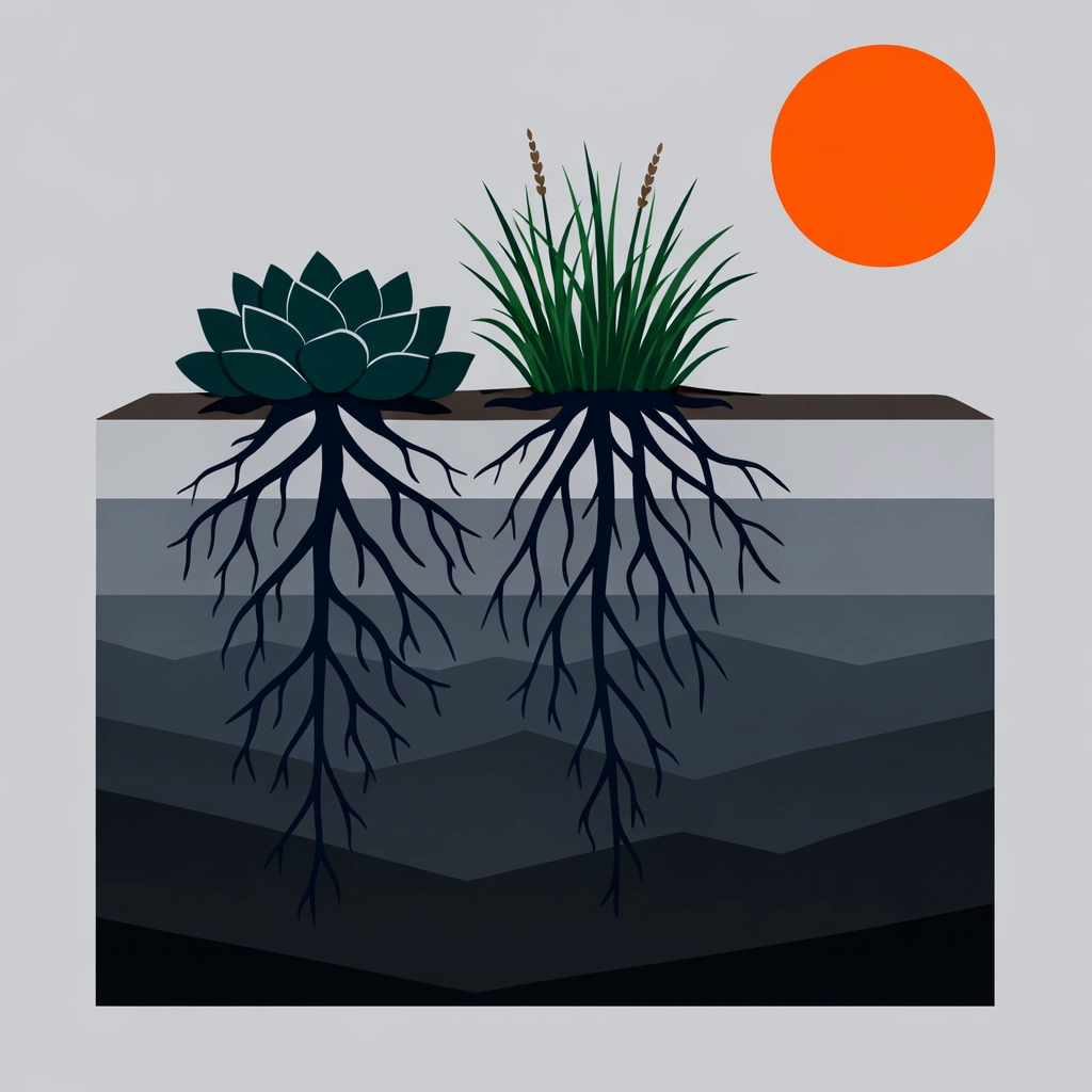 Climate-resilient landscaping illustration showing deep-rooted native plants and sustainable soil layers.