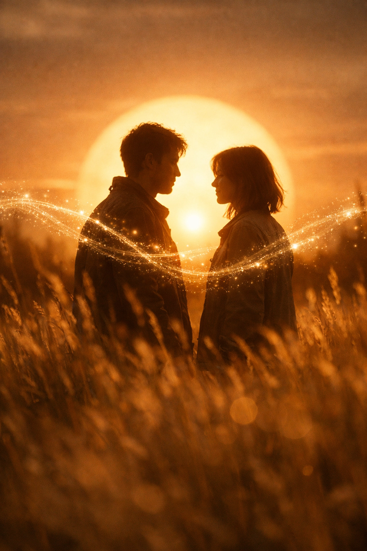 Two people in a sunset field representing a spiritual Chiron connection and relationship growth.