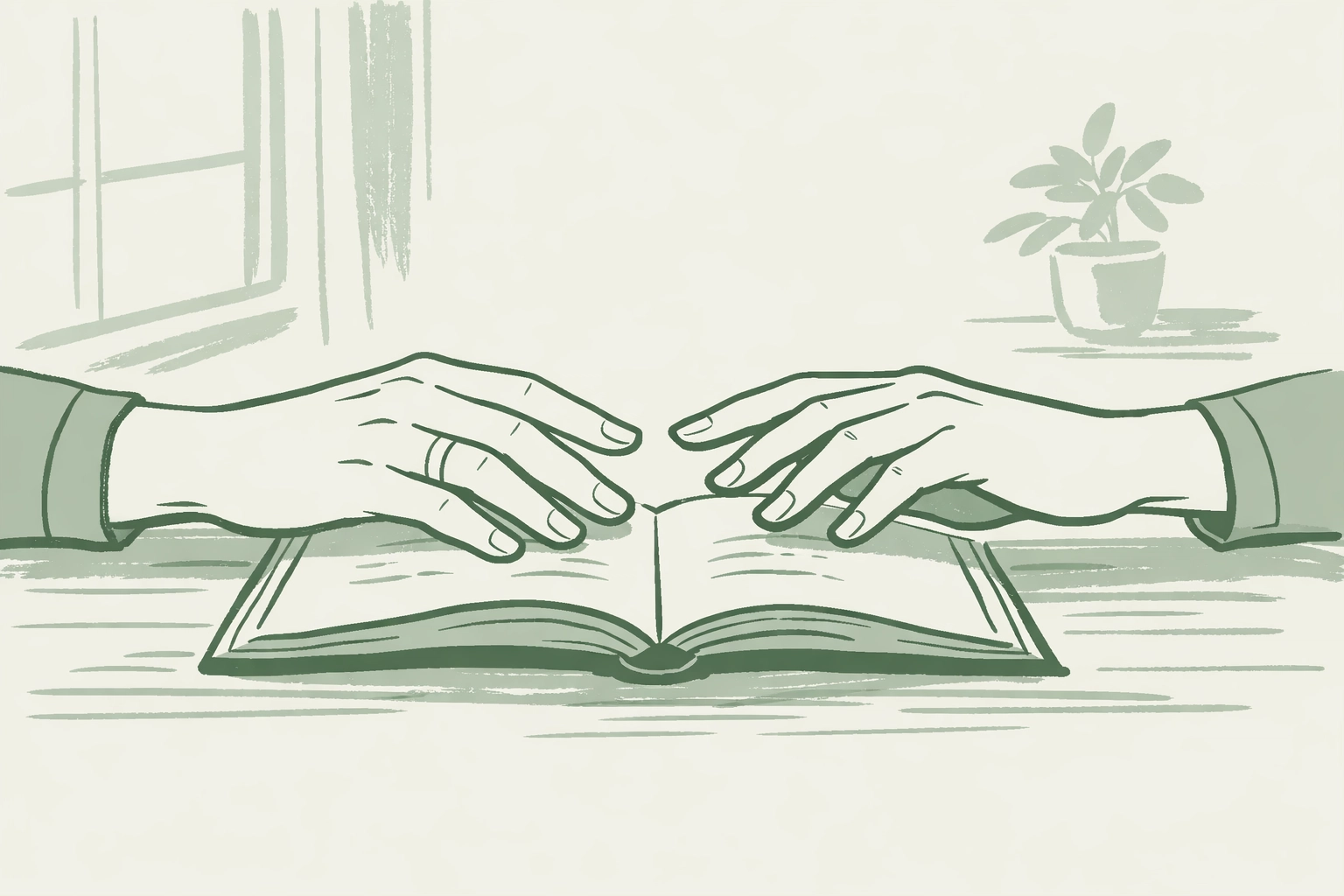 Male hands reaching across open book symbolizing MM romance self-discovery and contemplation