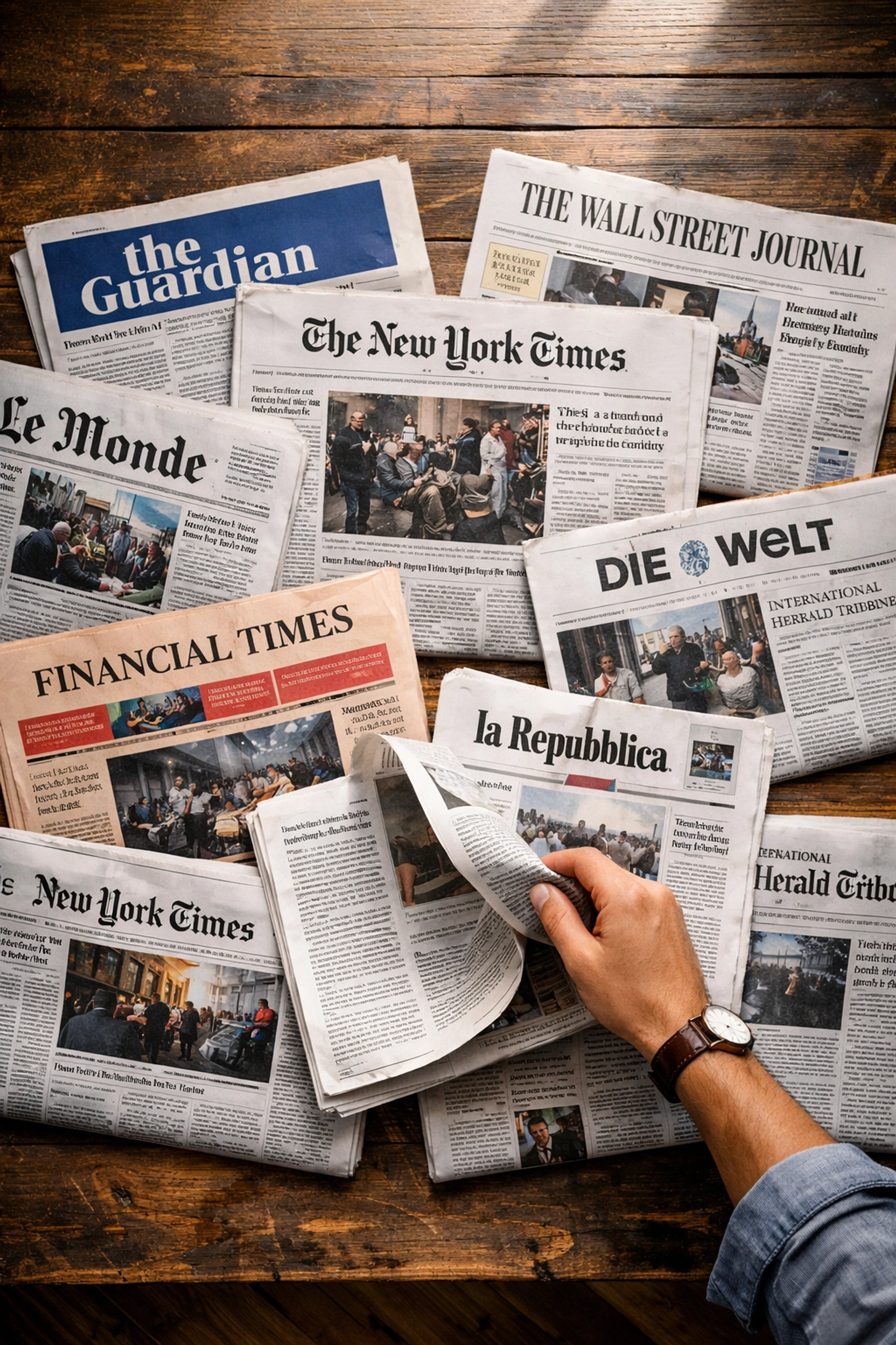 Multiple quality newspapers spread on table showing trusted news sources for daily reading