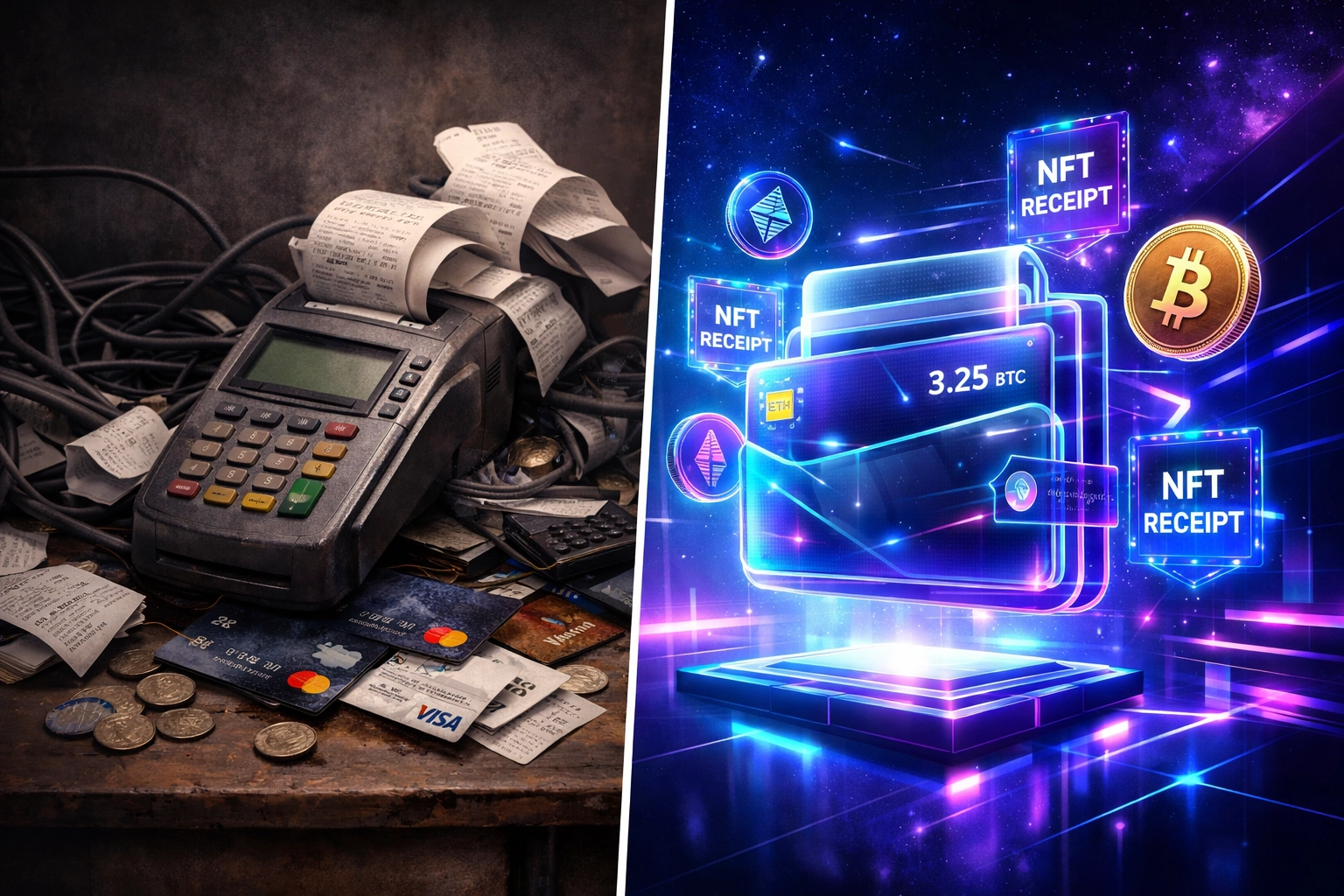 Legacy payment terminals vs modern crypto wallet with NFT receipts and self-custody features