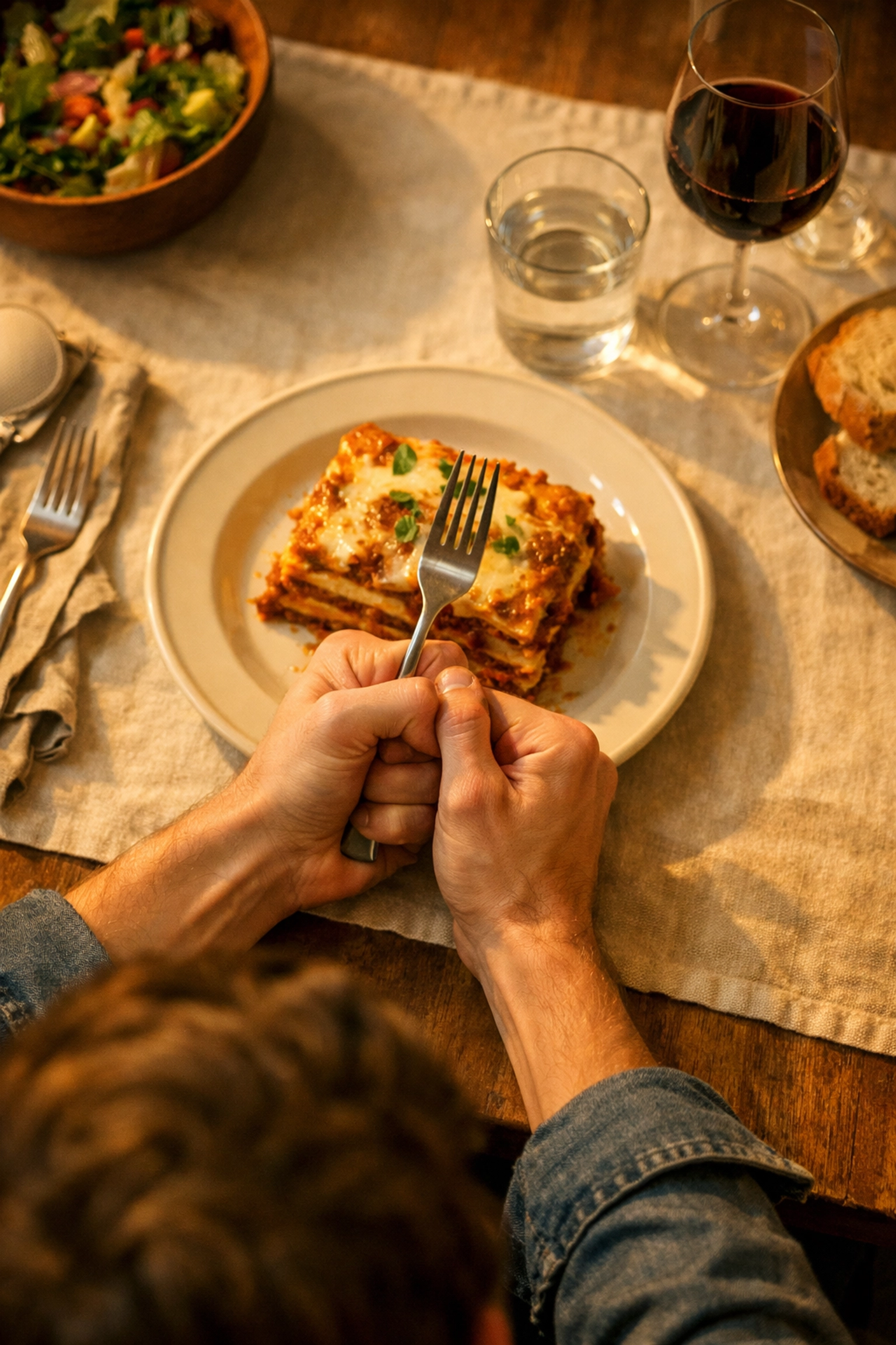 Anxious hands gripping fork at family dinner before coming out as gay