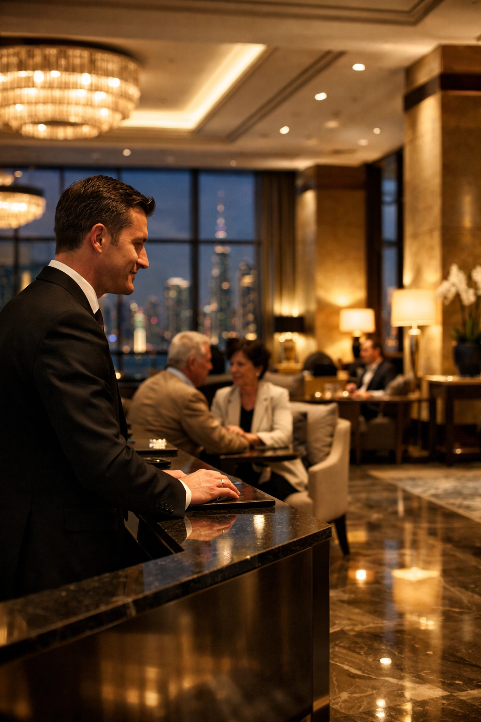 A luxury hotel lobby with a concierge providing high-end executive travel comfort for Super Bowl corporate guests.