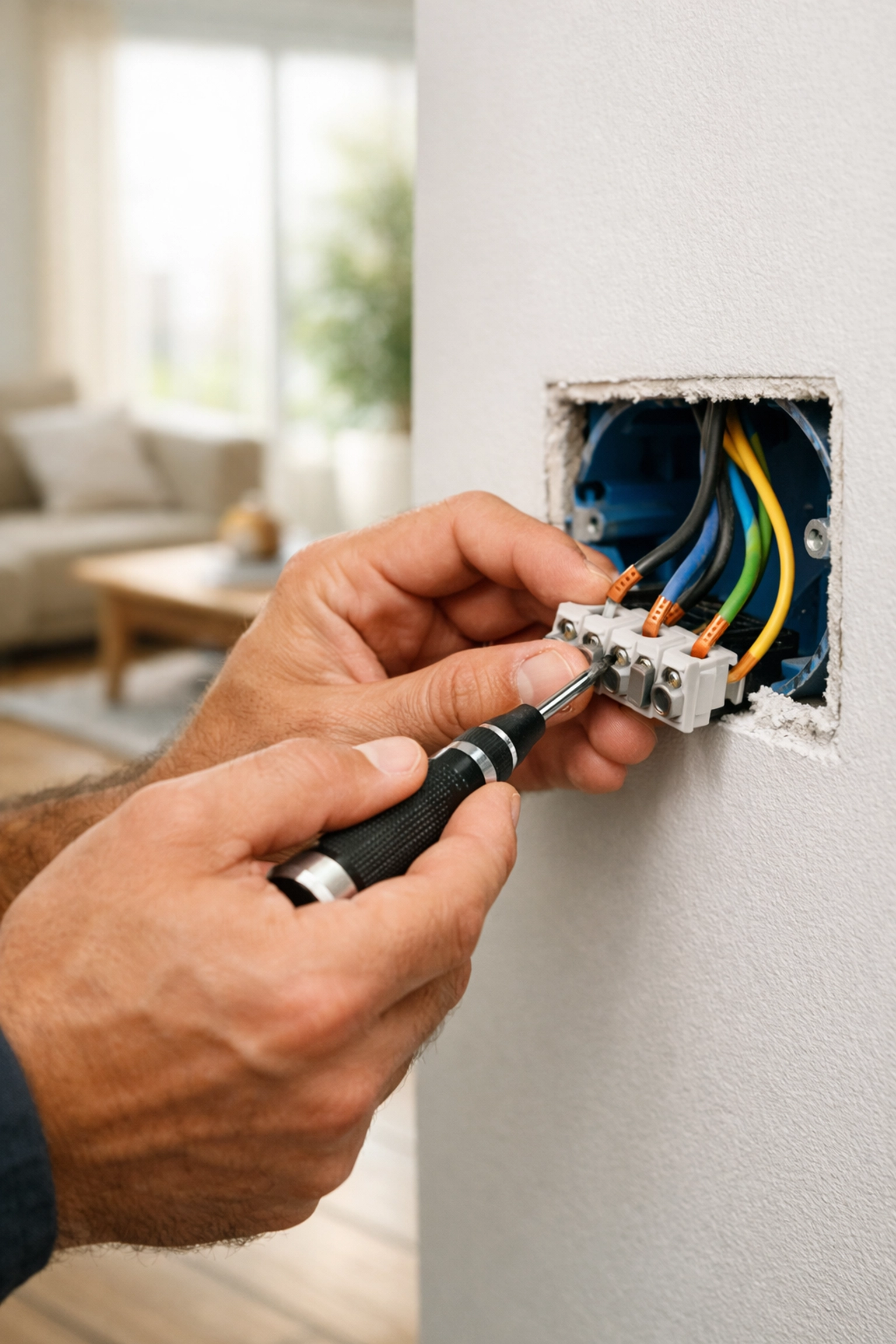 Expert electrician performing precision copper wiring for a home mini-split system installation in Maine.