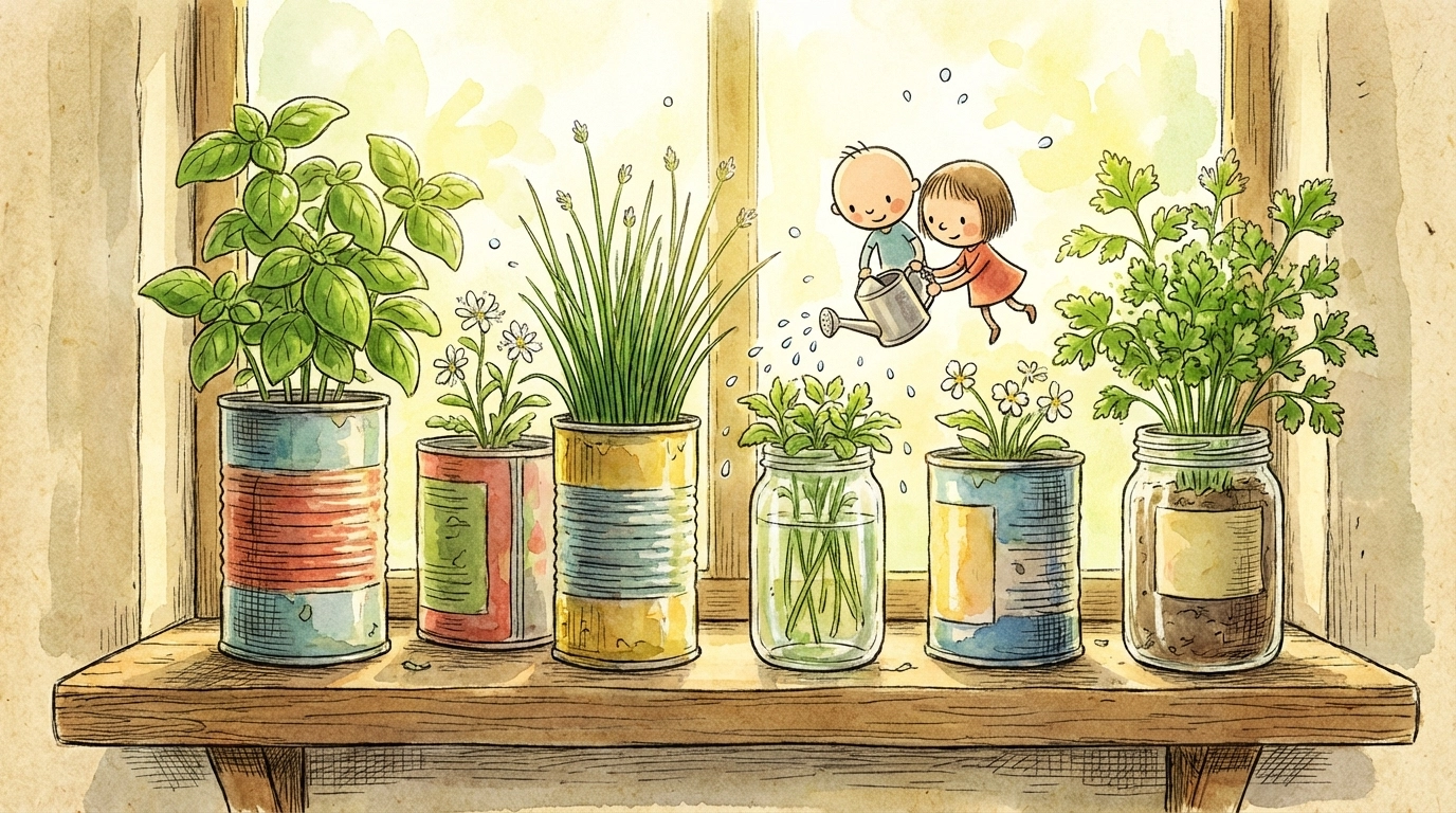 Whimsical classic storybook illustration of colorful upcycled herb planters on a sunny shelf