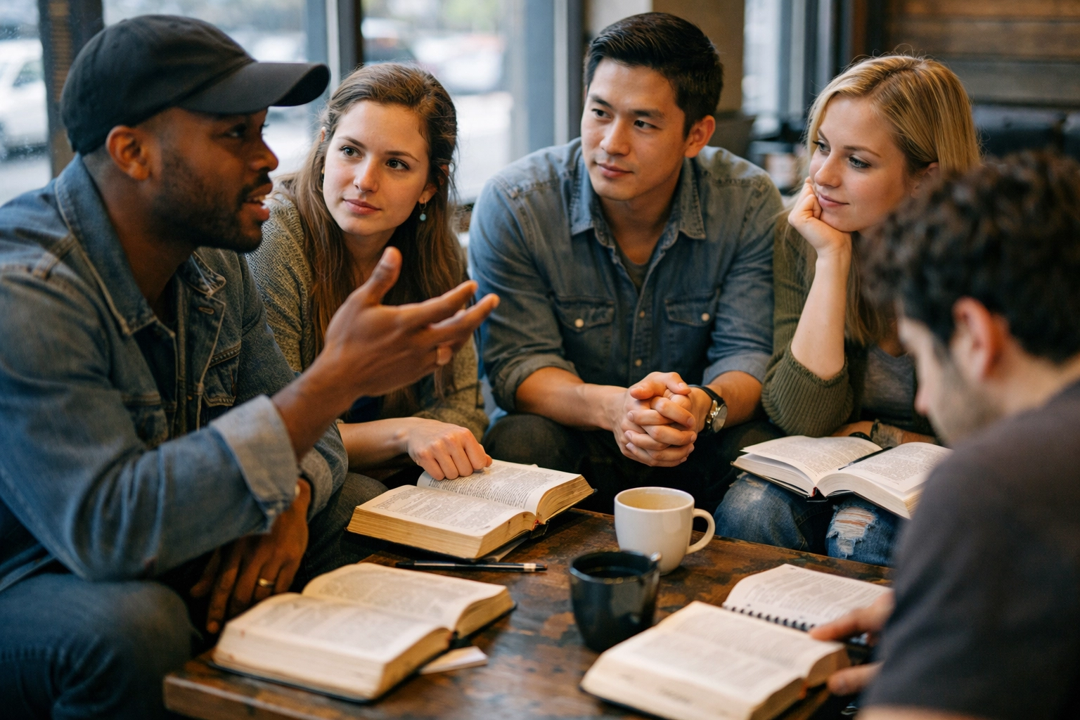 Young adults studying the Bible together in coffee shop during spiritual revival