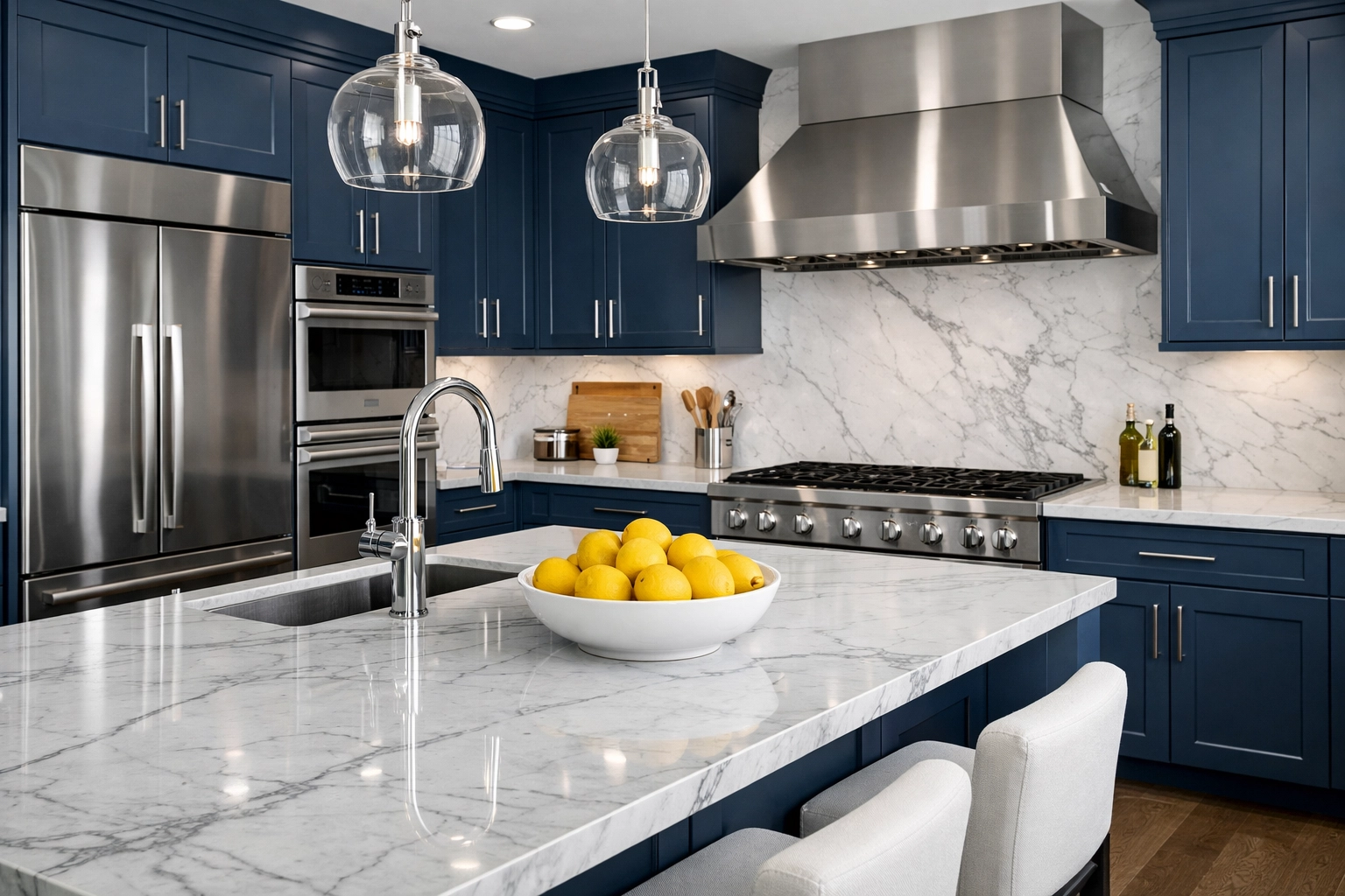 A sparkling clean kitchen with polished marble countertops maintained by a bi-weekly deep cleaning service.