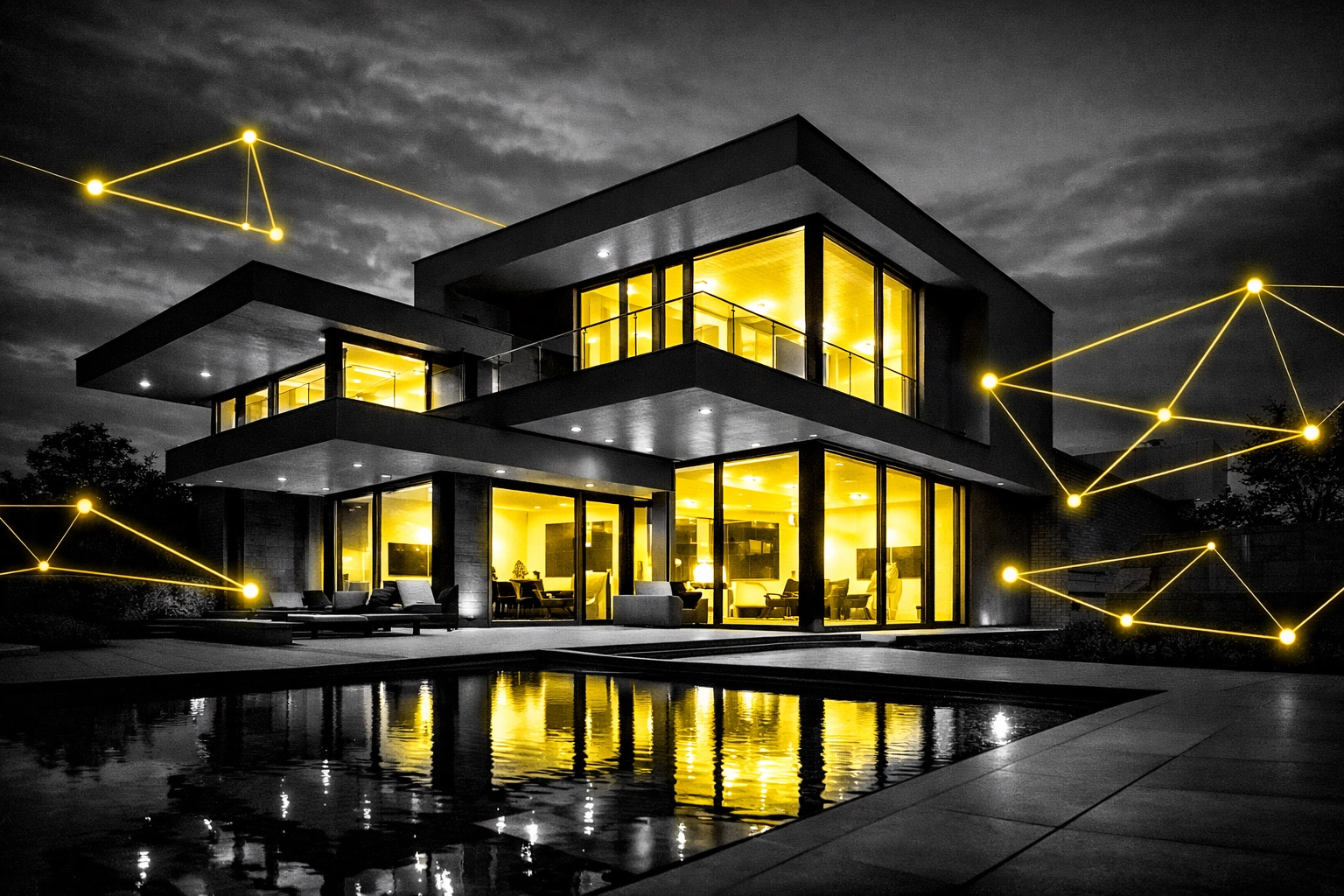 Luxury home with yellow network lines, visualizing a successful and connected real estate marketing ecosystem.