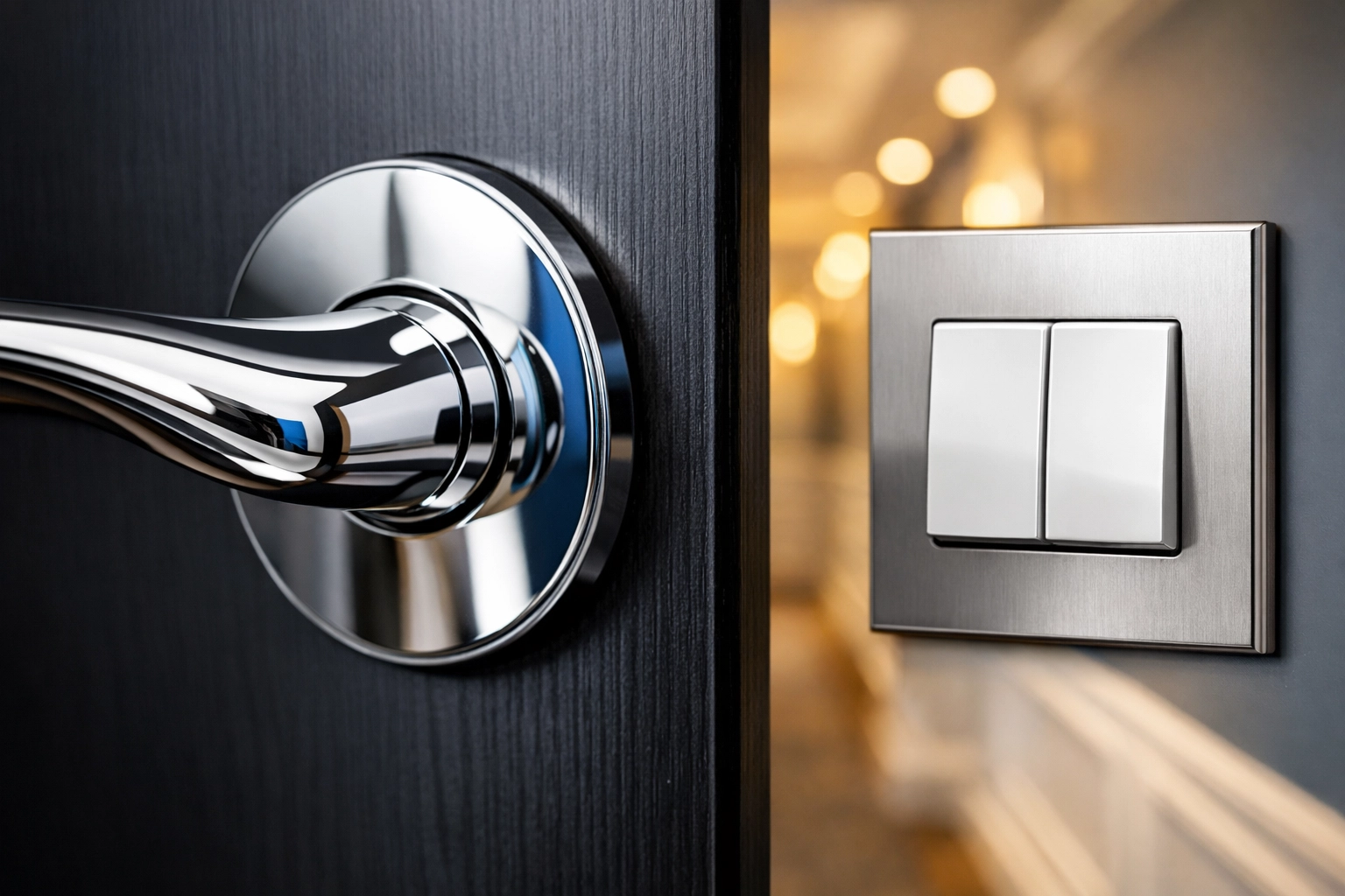Sanitized polished door handle and light switch showing detailed residential cleaning Massachusetts standards.