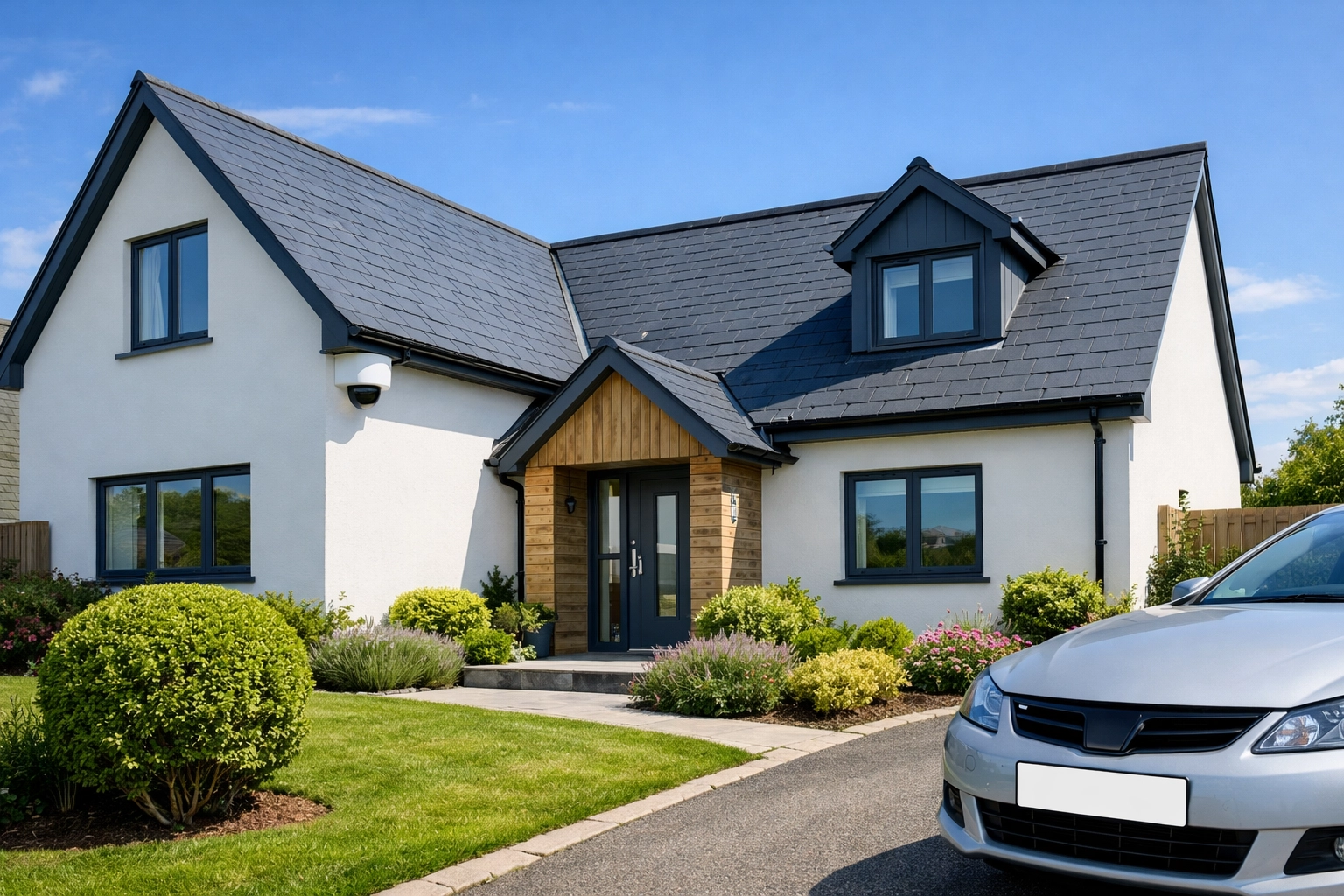 Discreet white dome security camera installed on a contemporary South West house for home surveillance.