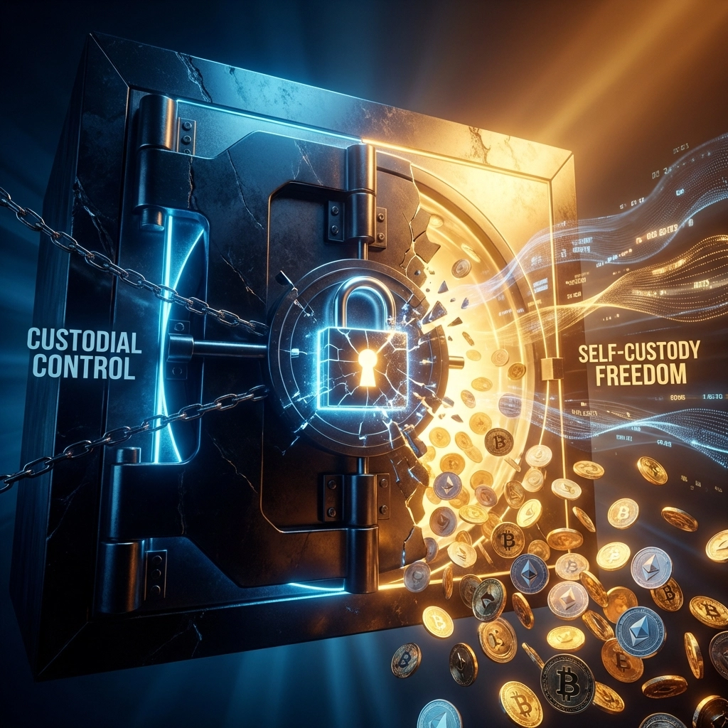 Illustration showing the security risk of custodial crypto POS systems versus self-custody for small businesses.