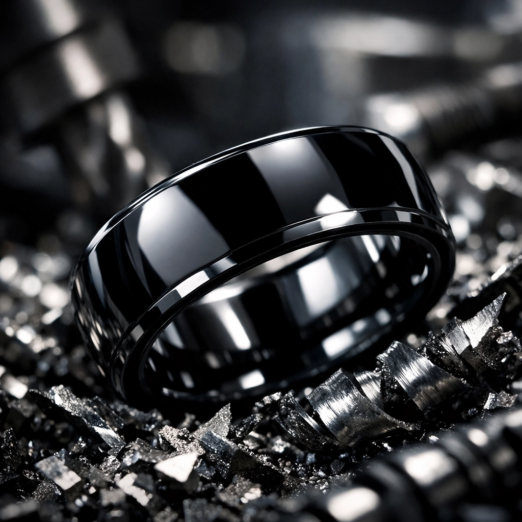 Scratch-proof black tungsten carbide mens wedding band shown in a rugged industrial machine shop setting.