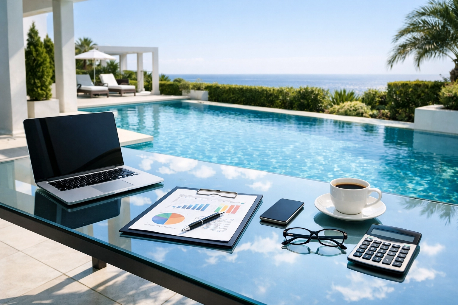 Outdoor office overlooking a pool, showing the lifestyle of owners who sell my pool route for profit.