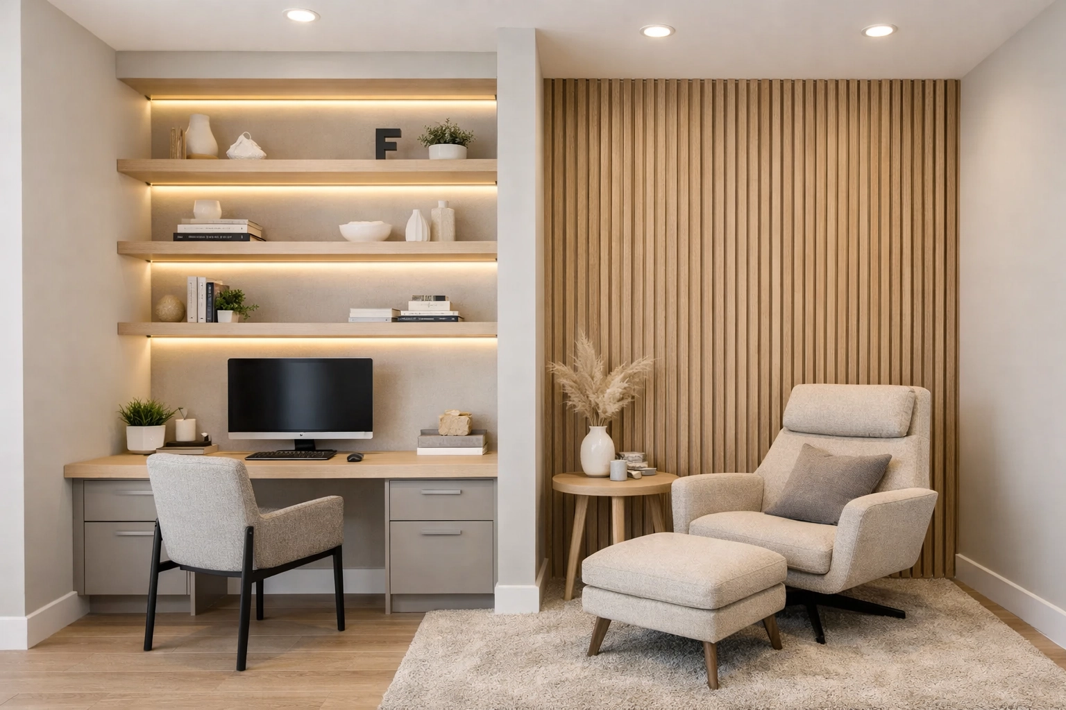 Professional home remodeling Orlando showcasing a versatile flex room with a modern built-in workspace.