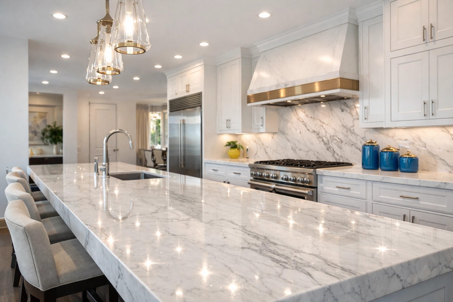 Sparkling luxury kitchen with marble island and clean countertops in Lunenburg, MA.