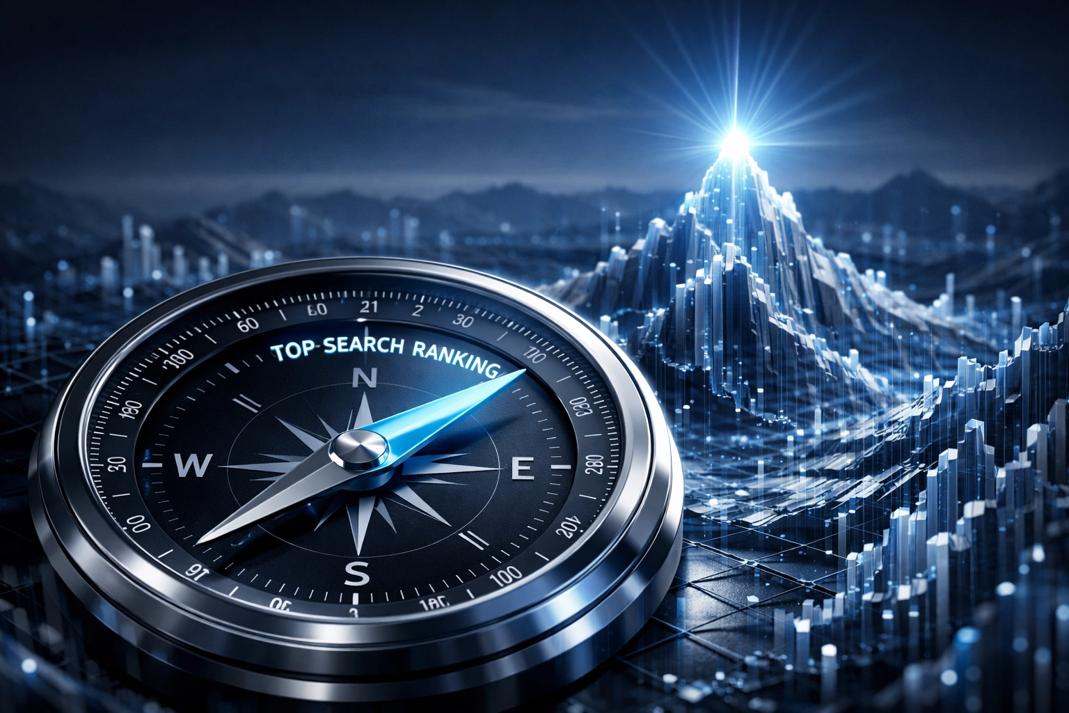 A digital compass pointing toward high Google search rankings for business brand visibility.