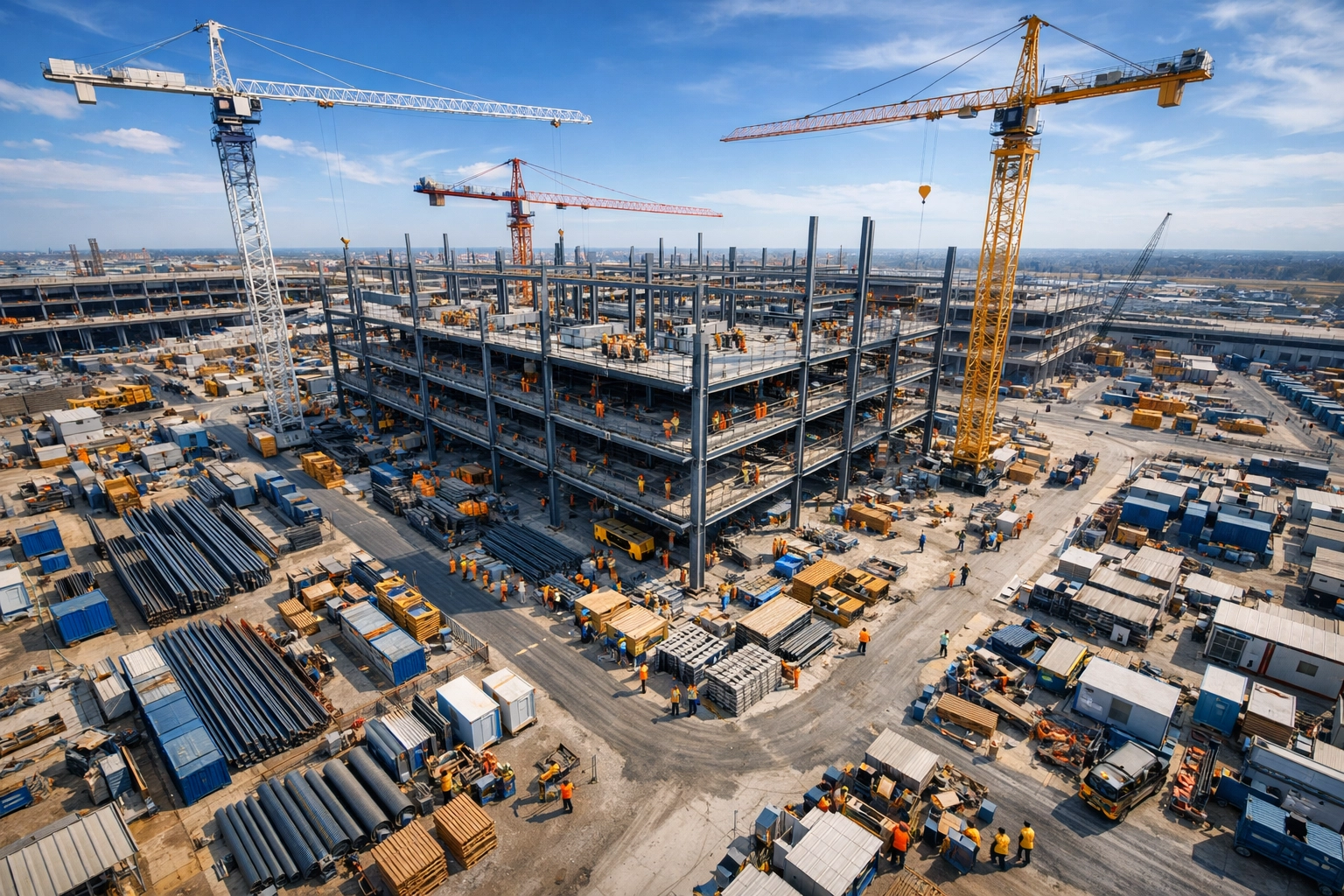 Large-scale commercial construction site showing organized steel framework and crane operations