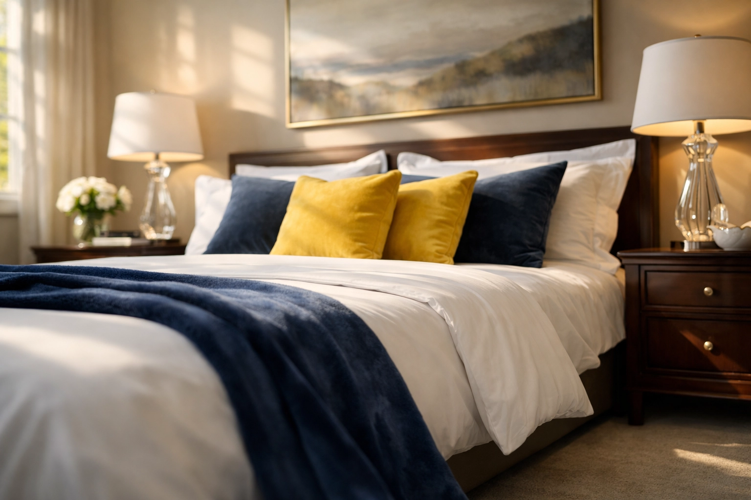 Dust-free luxury bedroom in Wenham MA with crisp white linens and sunlight after ninja-efficient cleaning.