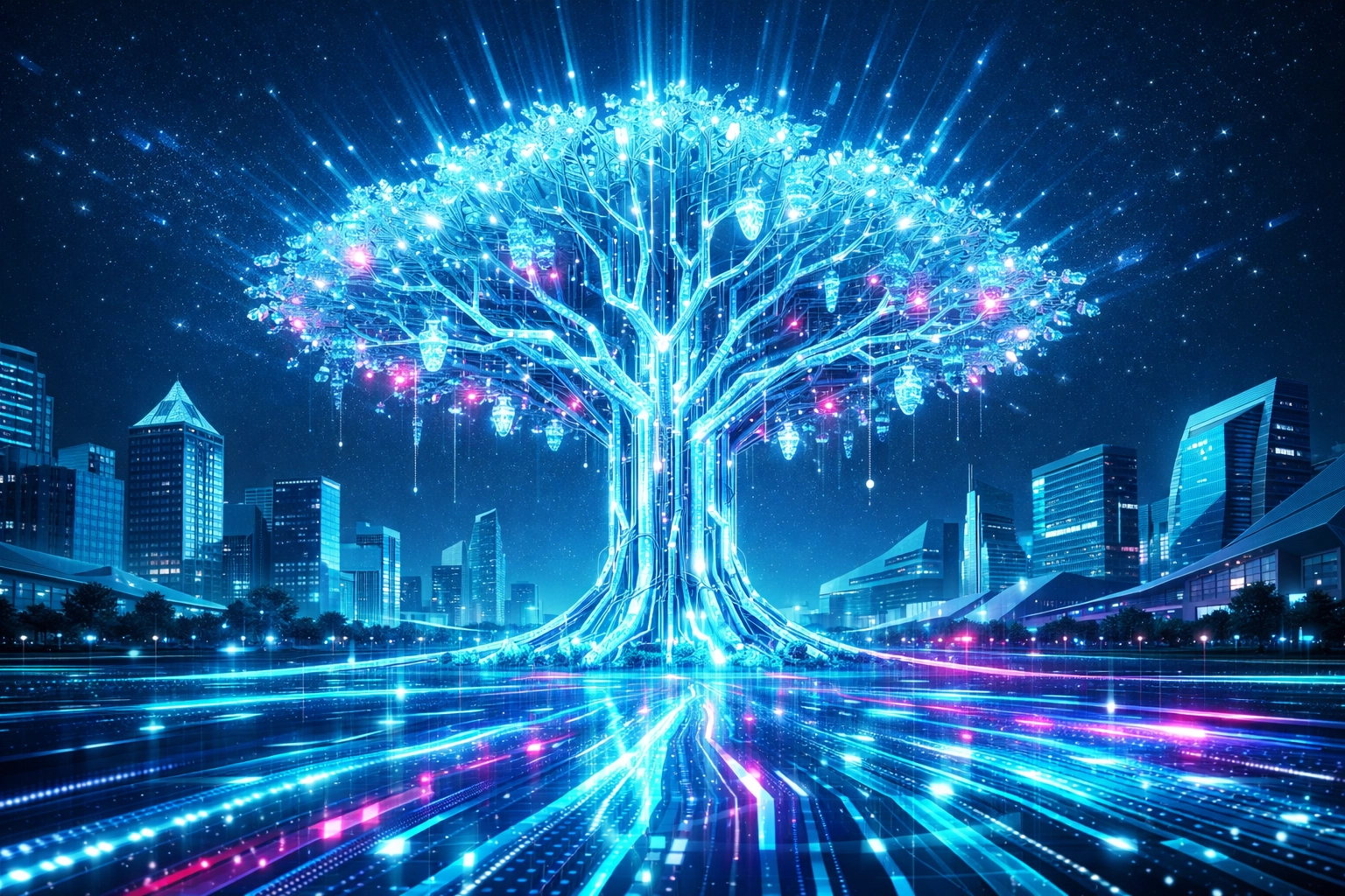 A glowing digital tree representing the high-tech energy of Raleigh