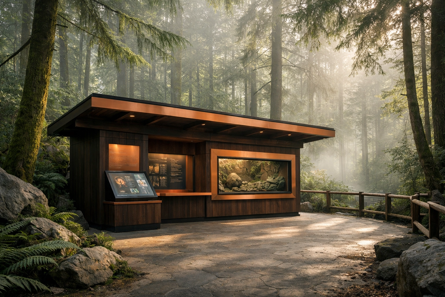 Modern sustainable educational kiosk in a zoo habitat demonstrating subtle visual communication.